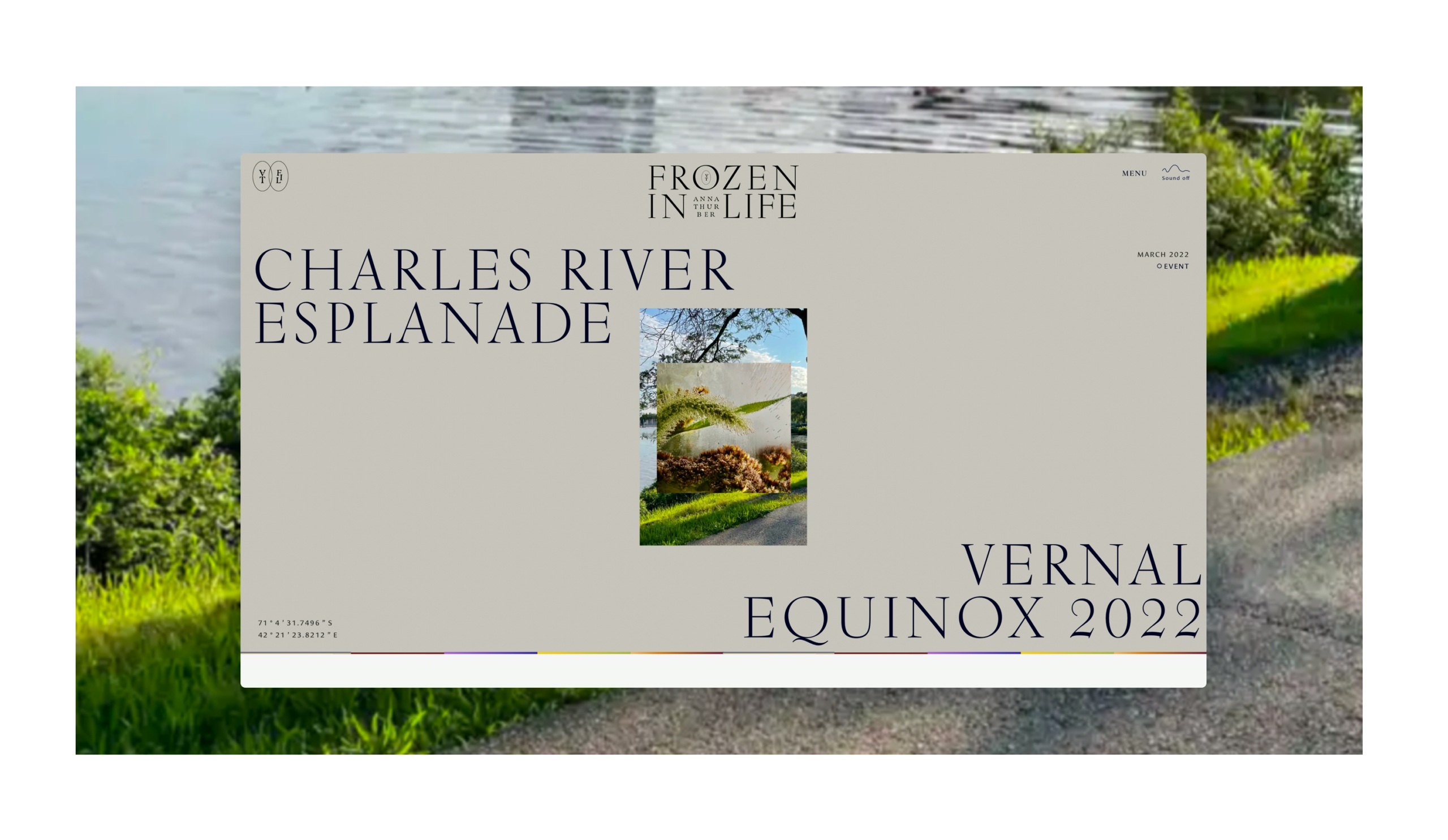 An advert for “Frozen in Life” by “Anna Thurber” at Charles River Esplanade at Vernal Equinox 2022. Anna’s art is featured in the centre.