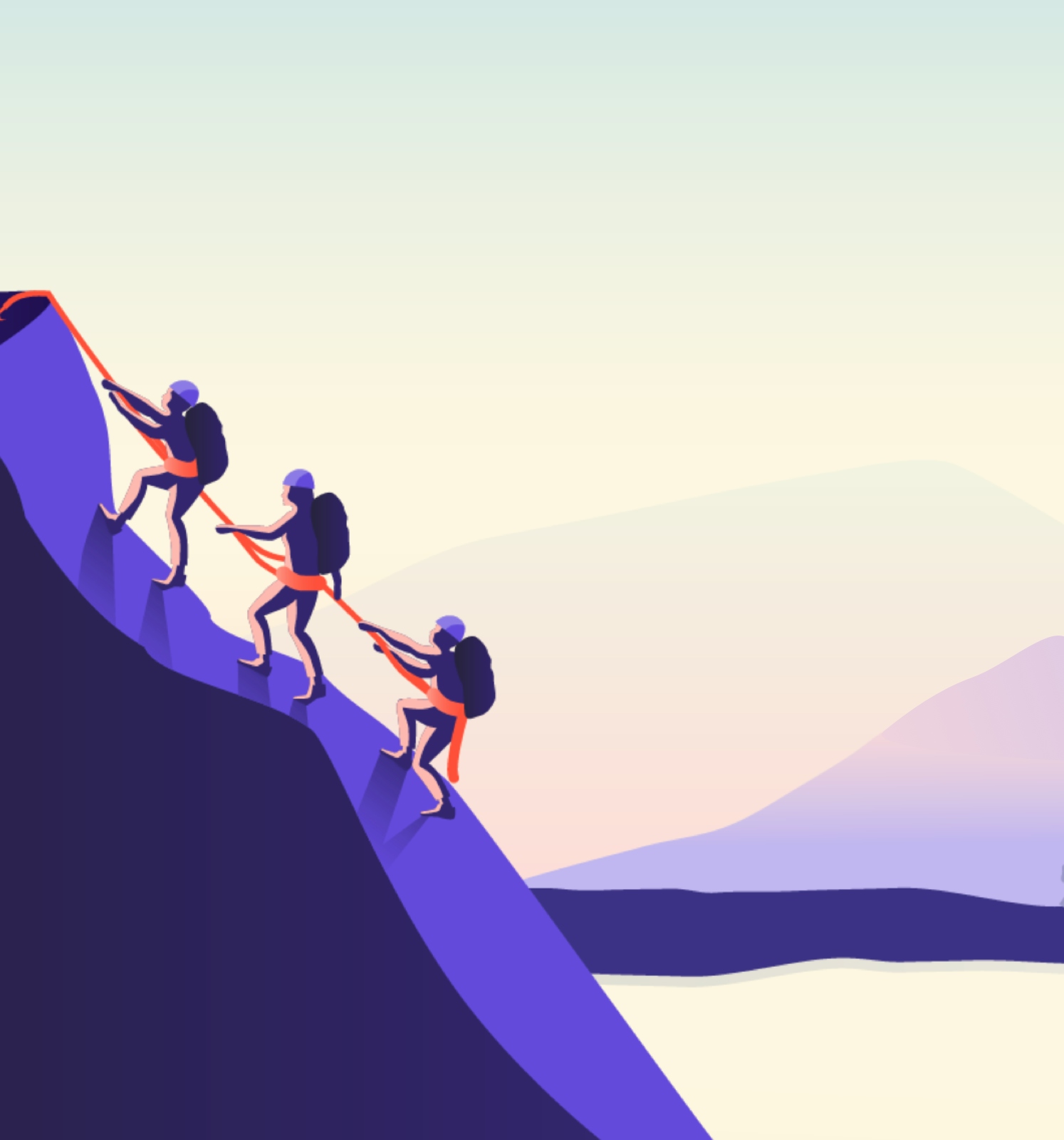 Three illustrated figures scale a mountain in Dayshape’s colour palette