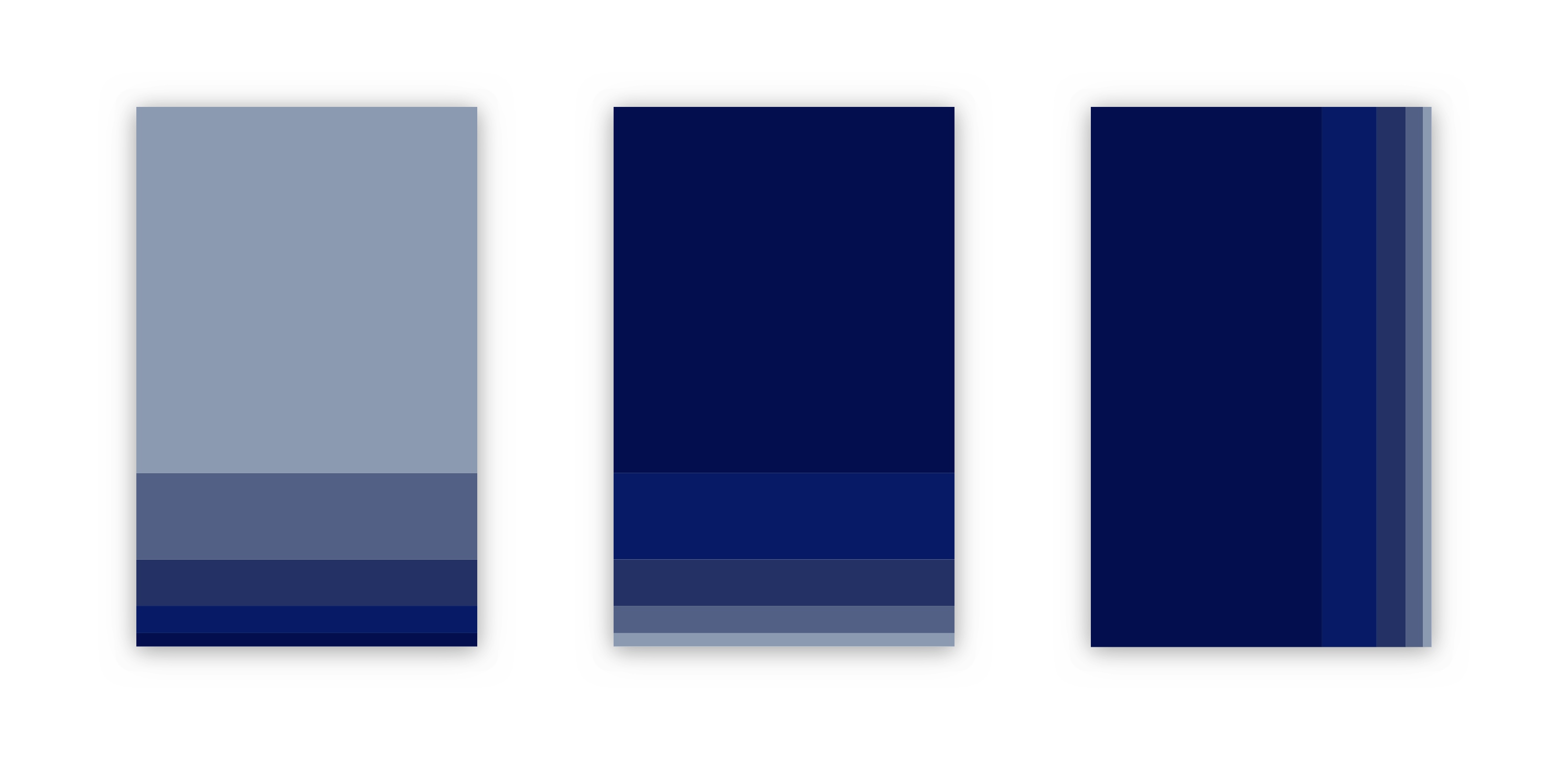 A triptych of three images of a gradient of blue stripes; first two horizontal, last one vertical.