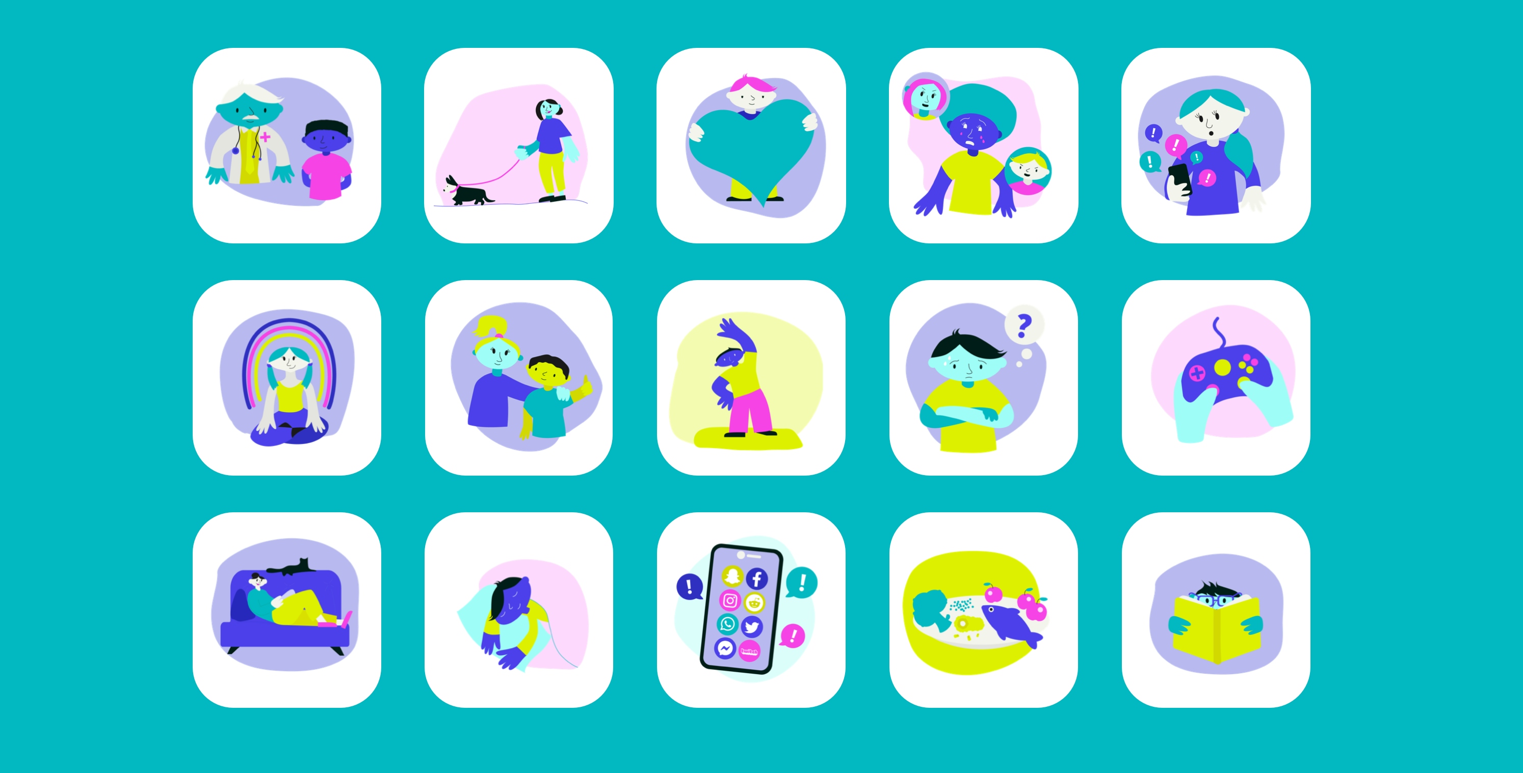 15 different icons sit on a teal background