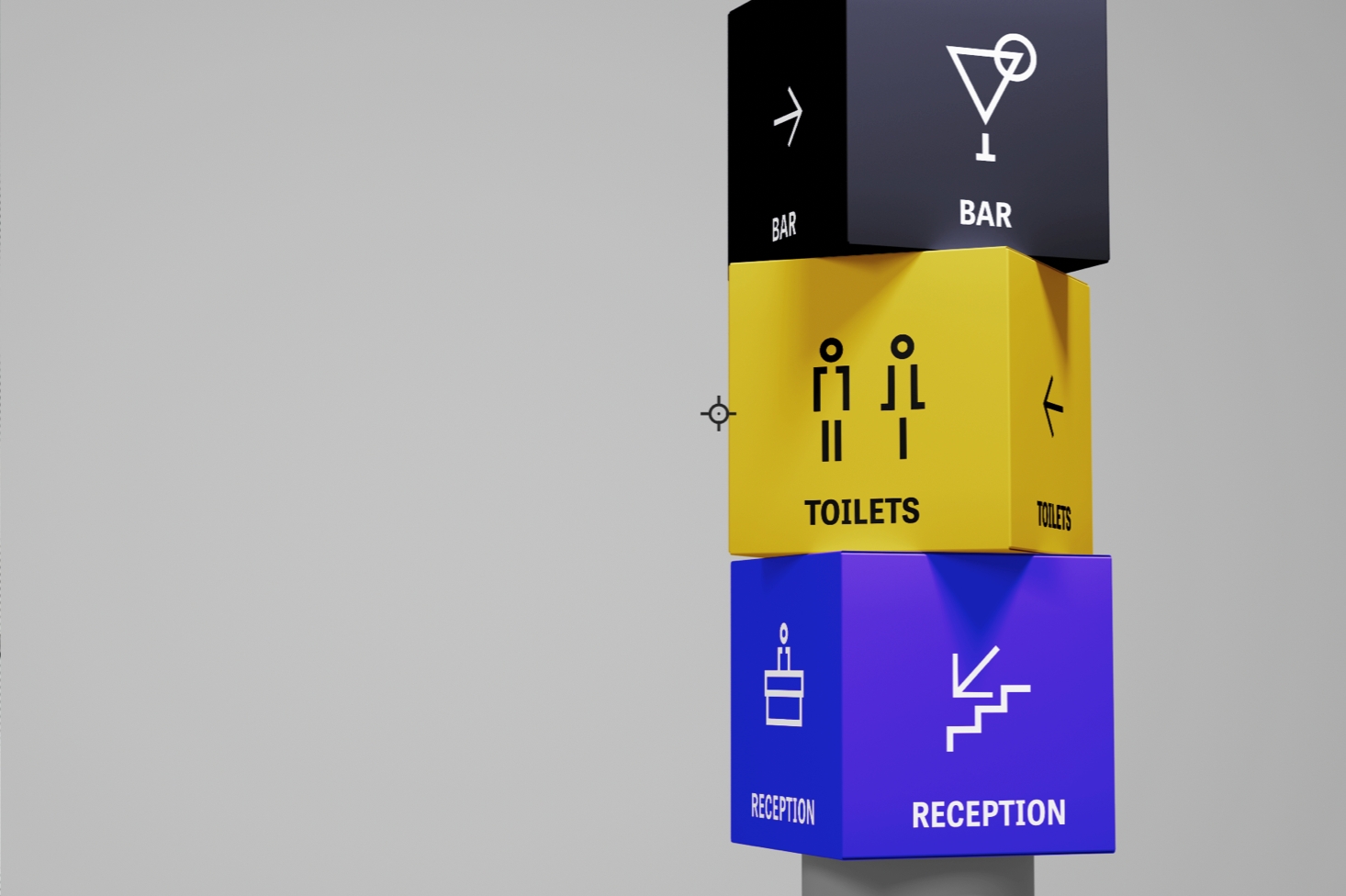 Three directional cubes direct people to the bar toilets and reception and visual icons depict these areas