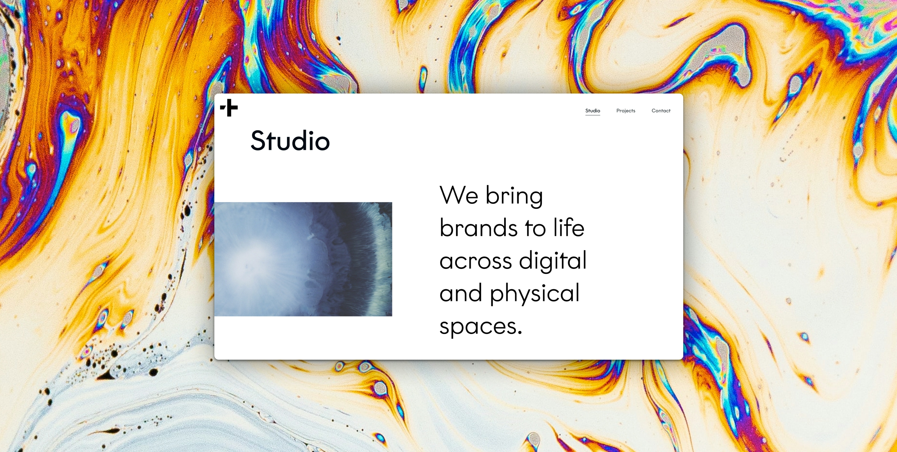 A “Studio” white web page in landscape sits in the foreground. On the left-hand side is an image of jellyfish in water. To the right-hand side of this is black text “We bring brands to life across digital”. There is a molten background of white and a spectrum of colours.