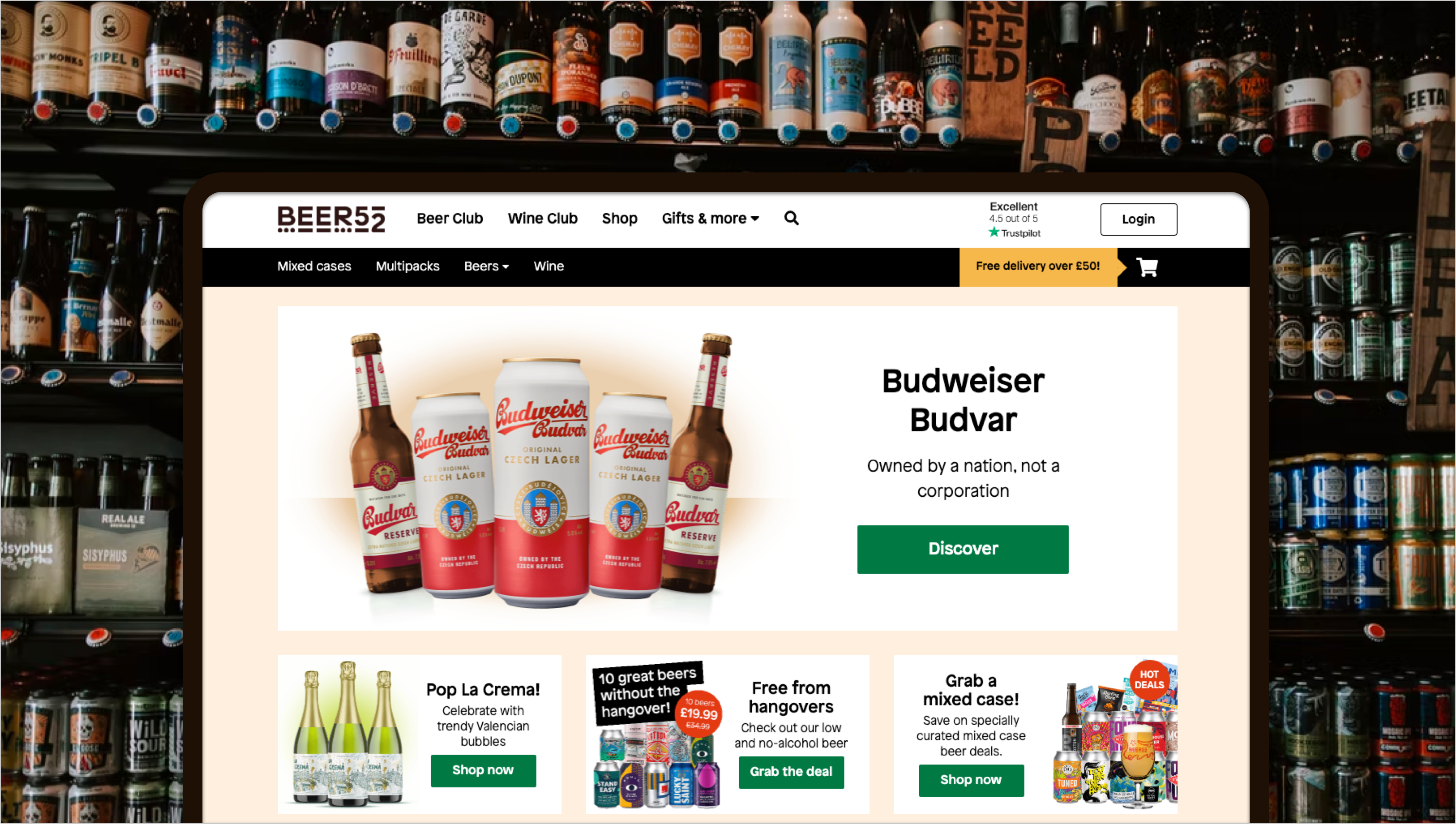 A landscape screen depicts a screenshot of the Beer52 “Budweiser Budvar ” page.