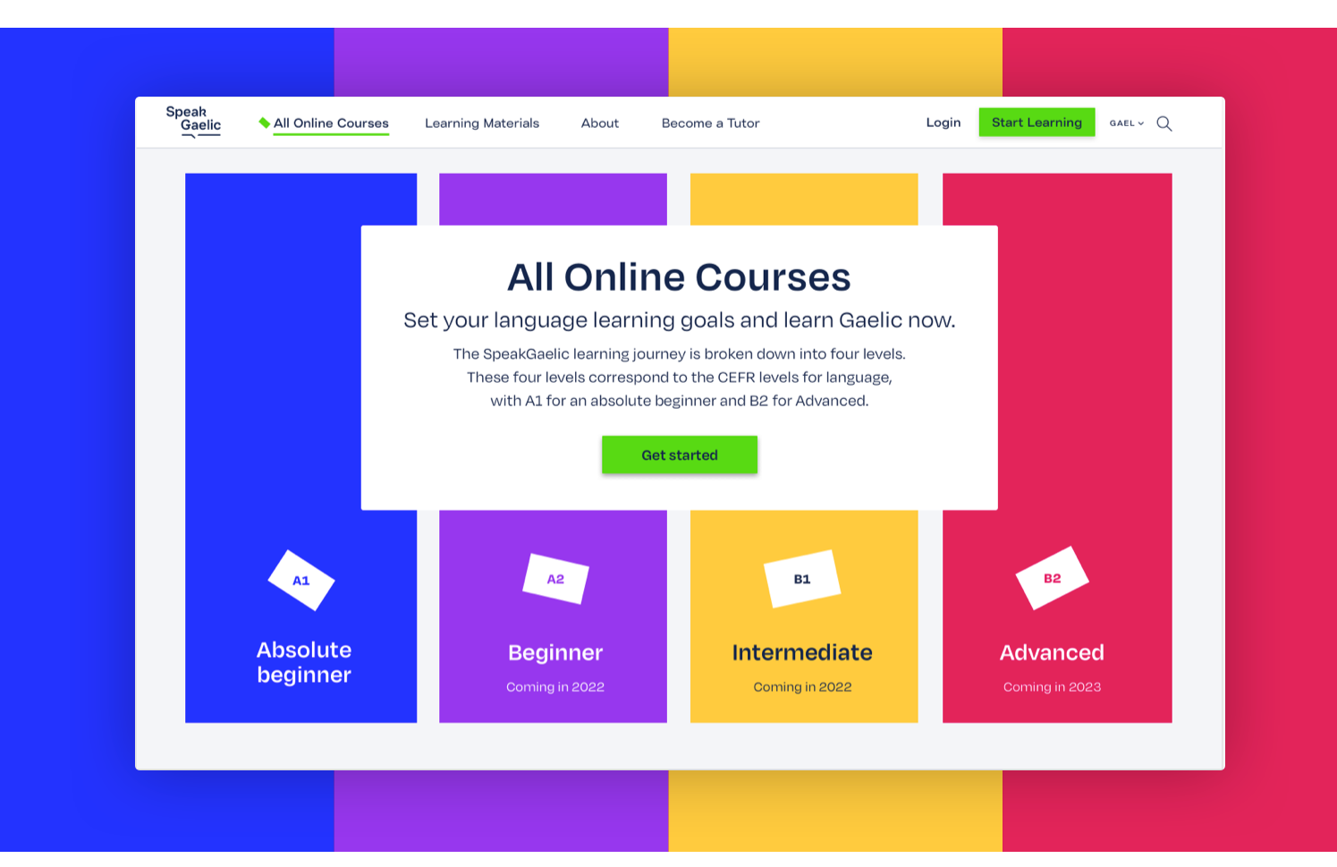 A landing page is shown giving the user access to “All Online Courses” of SpeakGaelic. It encourages users to “Set your learning goals and learn Gaelic now”.