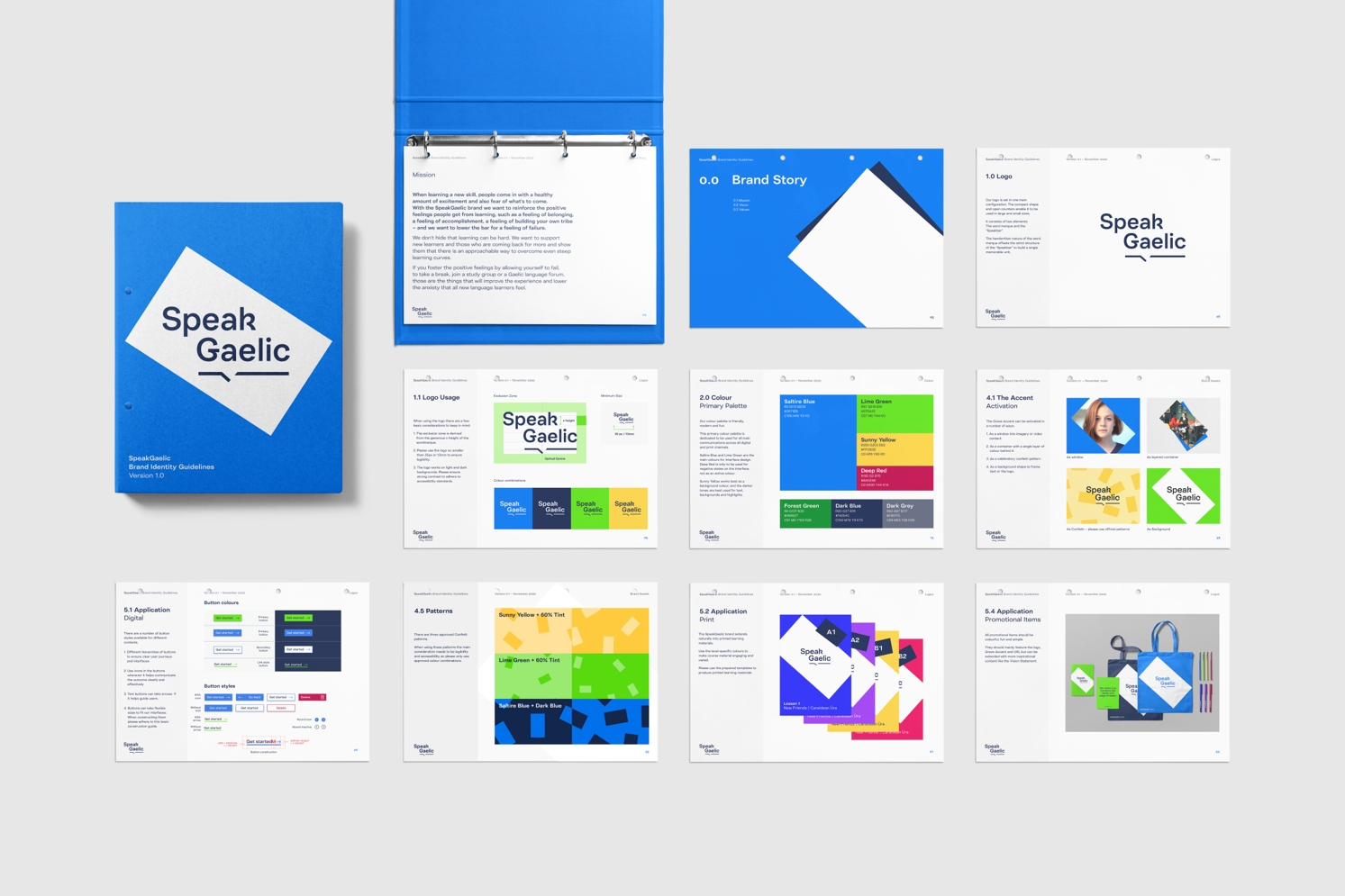 A montage of SpeakGaelic course materials, promotional items and brand guidelines.