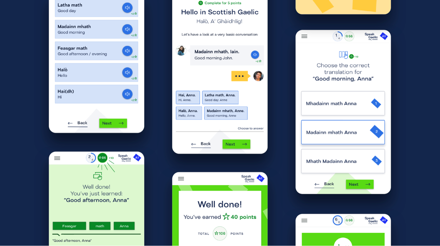 A montage of mobile phones depicting various SpeakGaelic screenshots