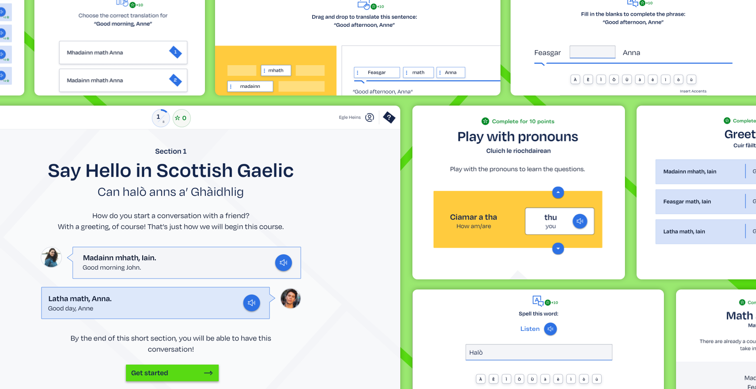 A montage of desktops depicting various SpeakGaelic screenshots