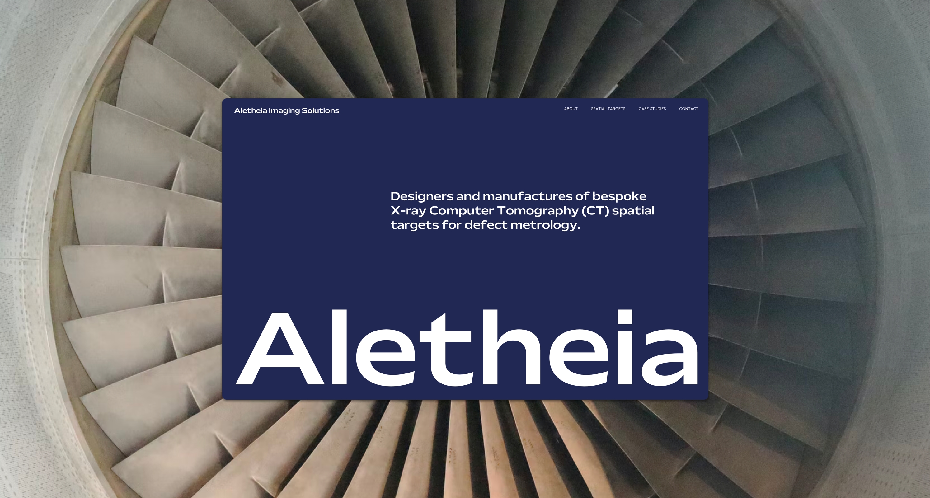 An image of a fan with ‘Alethia’ written on a blue background with “Designers and manufacturers of bespoke X-ray Computer Tomography (CT) spatial targets for defect metrology ”