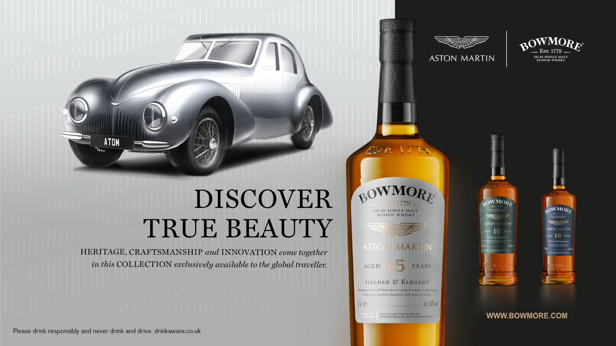 Two Bowmore Aston Martin whisky bottles and a classic Aston Martin Atom car showcase the Bowmore Aston Martin 15 year old whisky bottle in this print image created by More Yum. "DISCOVER TRUE BEAUTY: Heritage craftsmanship and innovation come together in this collection exclusively available to the global traveler". You can discover more at www.bowmore.com