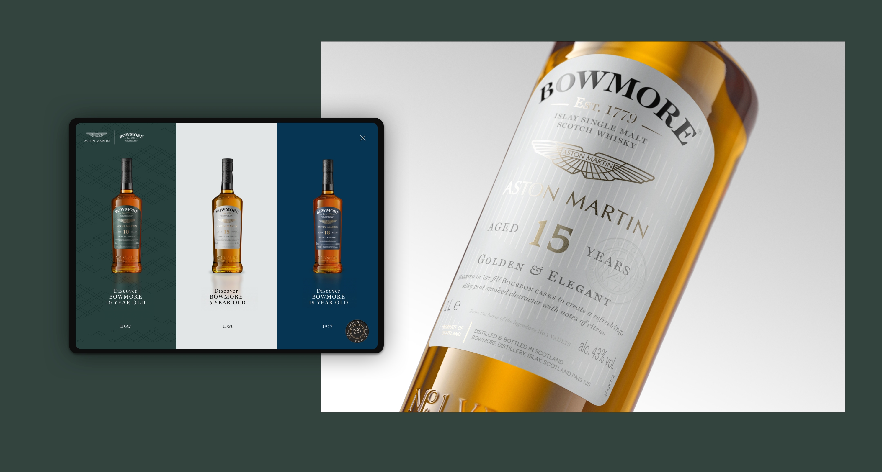 A racing green background has a large image of a Bowmore Aston Martin 15 year old whisky bottle on it which is zoomed into the label, this has a description of the whisky which is “Married in 1st filled Bourbon casks to create a refreshing silky peat smoked character with notes of citrus”. The alcohol is 43% vol. There is tricolor image slightly superimposed on this image of the three Bowmore Aston Martin whiskies and each colour features a bottle: the first is a racing green patterned column with the Bowmore Aston Martin 10-year old bottle on it and it invites you to “Discover Bowmore 10 year old” “1932”; the second is an off-white column with the Bowmore Aston Martin 15-year old bottle on it and it invites you to “Discover Bowmore 15 year old” “1939”; the firthird st is a blued column with the Bowmore Aston Martin 18-year old bottle on it and it invites you to “Discover Bowmore 18 year old” “1957”;