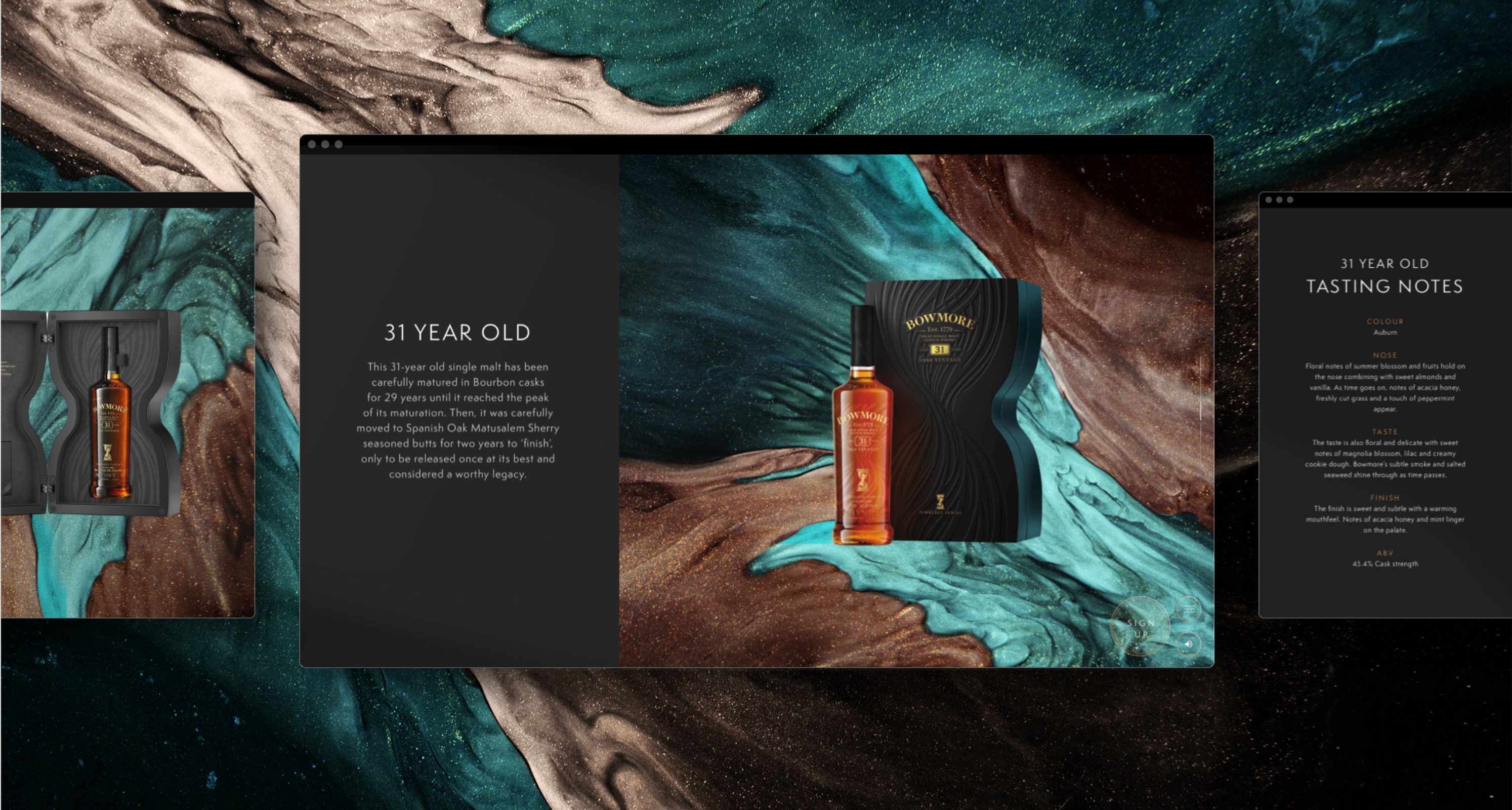 Screenshot for 31 Year old single malt with “31 year old | This 31 year old single malt has been carefully matured in Bourbon casts for 29 years until a reached the peak of its maturation. Then, it was carefully moved to Spanish Oak Matusalem Sherry senioned butts for two years to finish; only to be released once at its best and considered a worthy legacy” on black background in left column where a molten, shimmery background sits behind the Bowmore 31 year old malt and hourglass shaped-box. | Screenshot on space background with two space shots with text underneath “Flavour Germinates” and “Fermentation begins”
