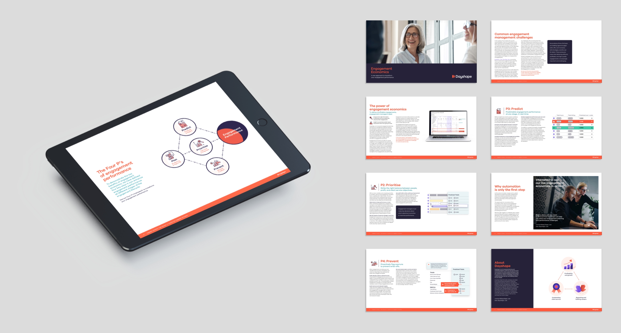 A grey image with a tablet with a diagram on it. To the right of the tablet, there are four presentation screens.
