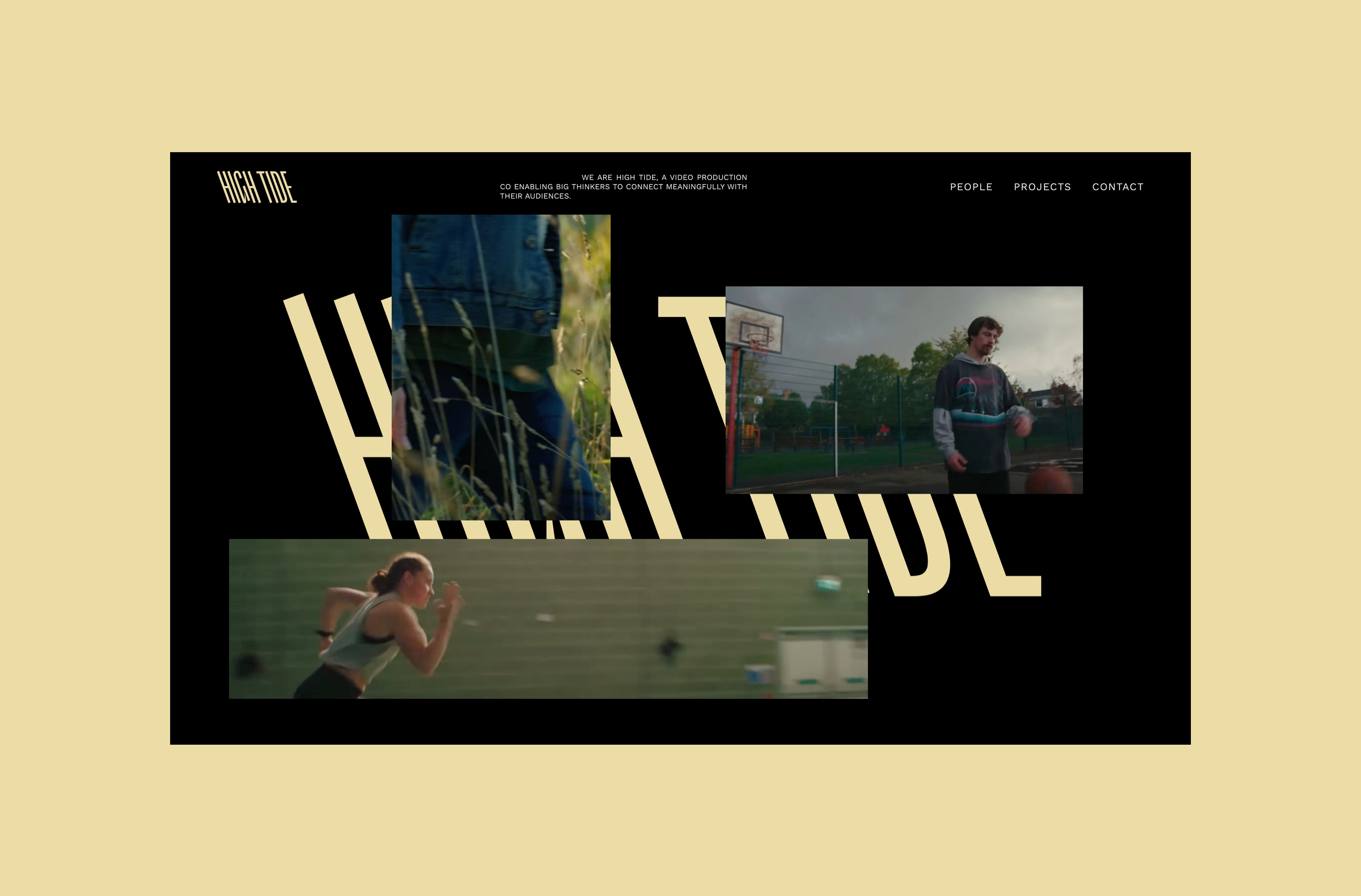 A black image with the “High Tide” logo has three images overlaid on it. The first image is of someone’s midbody walking in long grass. To the right is an image of an individual on a basketball court, There is a panoramic view of a woman sprinting in a sportshall.