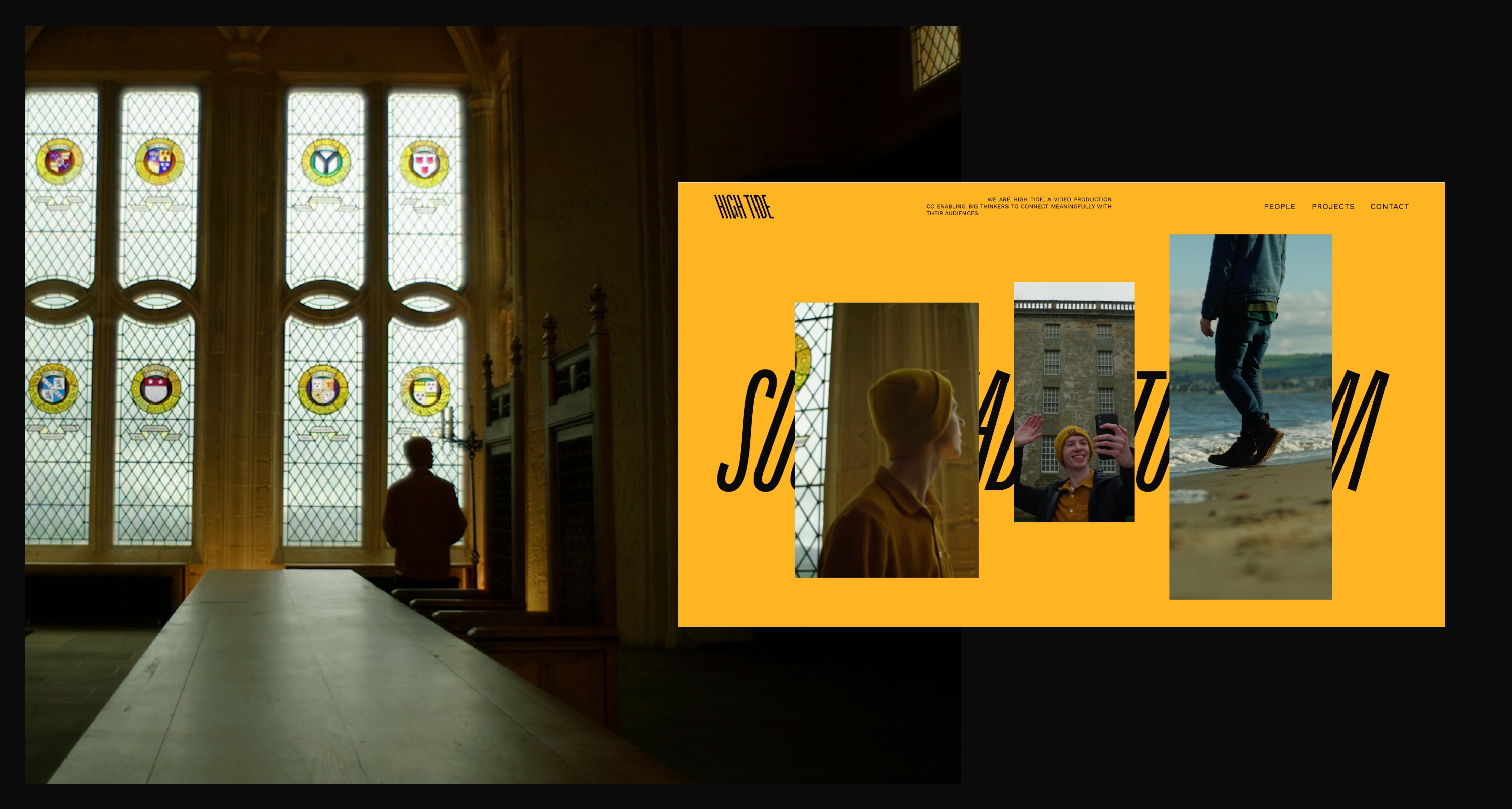 A photograph of a dark figure stands at four windows with stained glass circular crests. To the right of the window is a mustard, landscape web page with three images, a figure looks up and away from the camera, a waving figure takes a selfie and a figure walks to the shore.