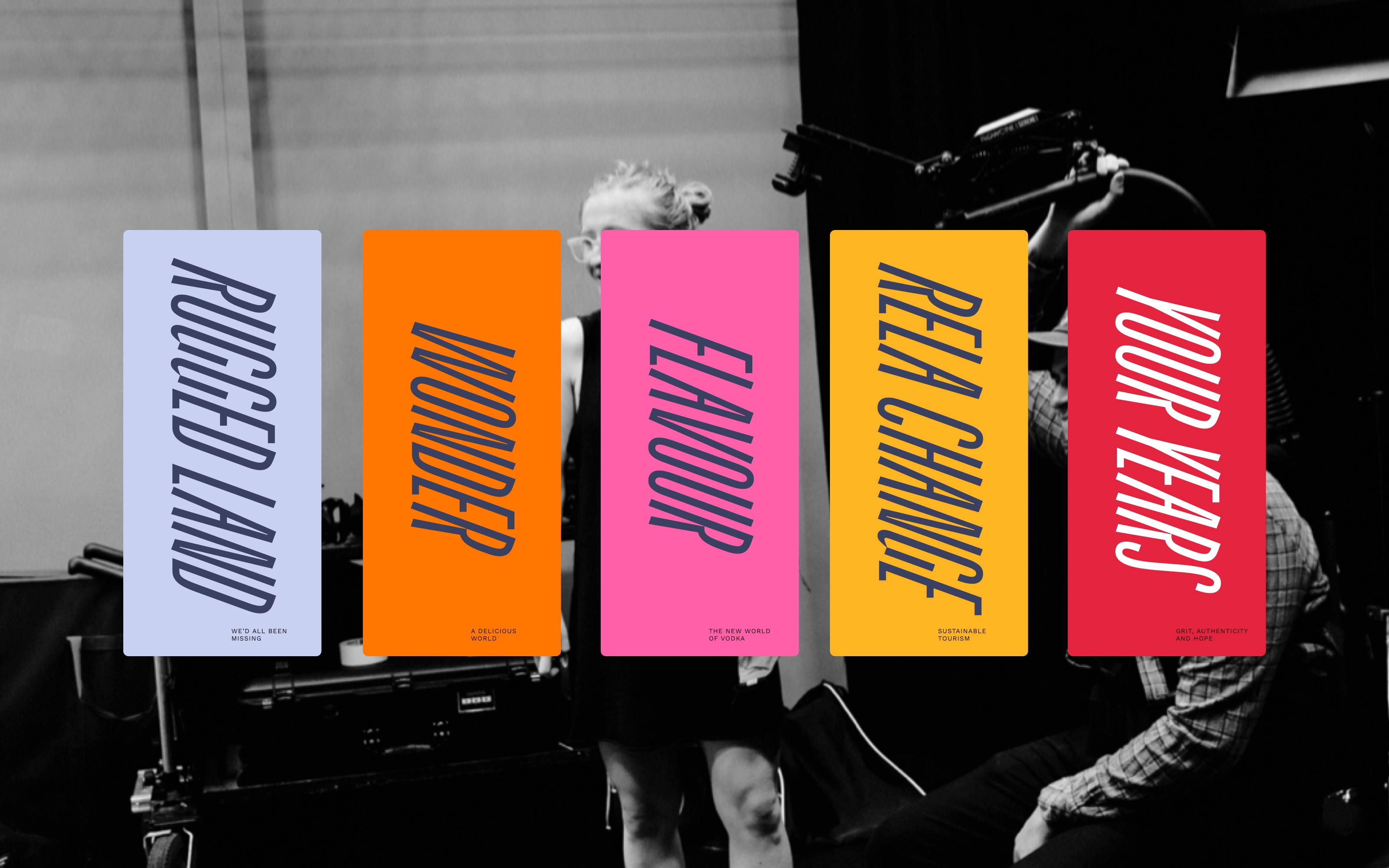 A location shot has five columns with purple profile text on them: The first, lilac, column “rugged land”, the second, orange, column “wonder”, the third, pink, column “favour”, the fourth, mustard, column “real change”, the final, red, column has white text “your years”