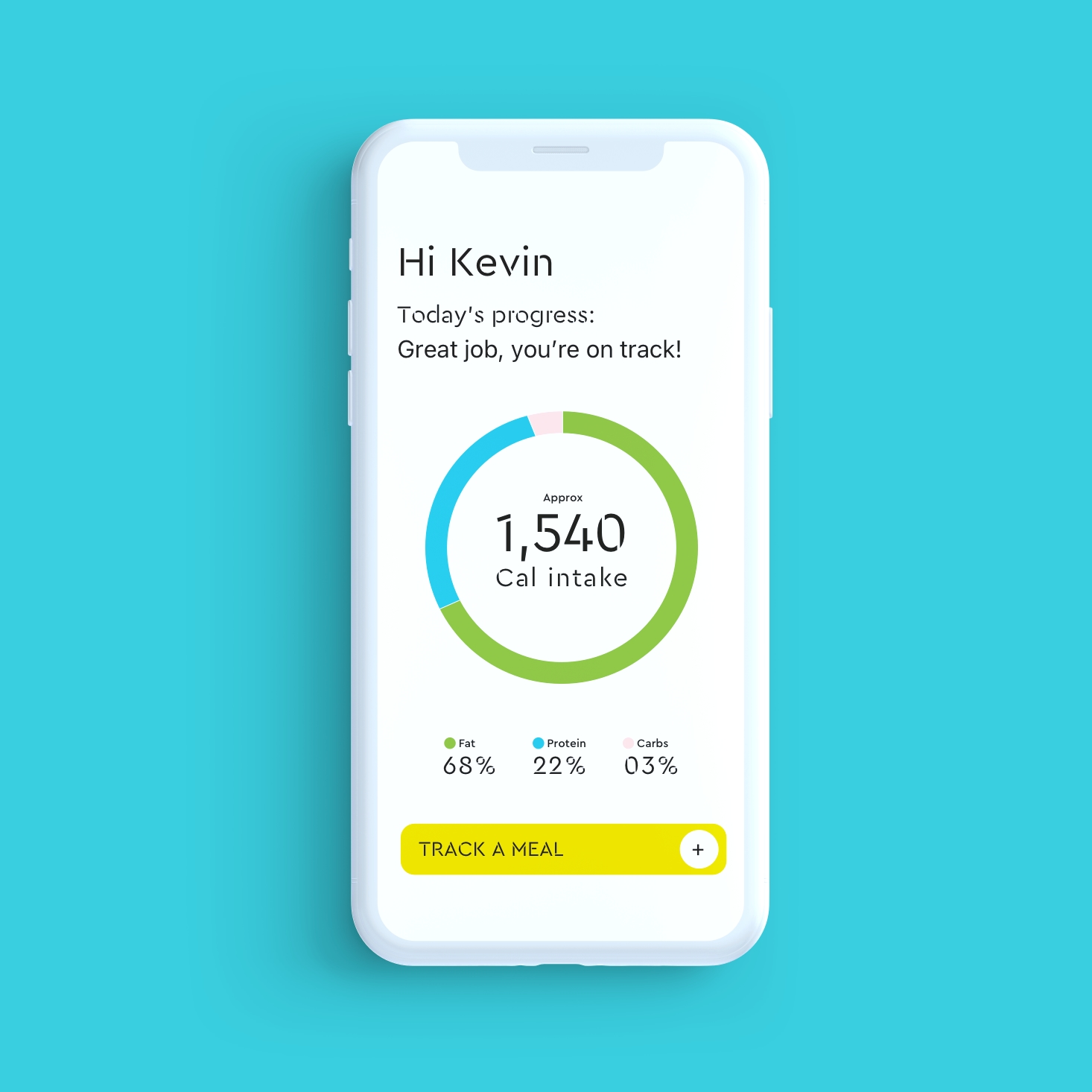 A white mobile phone sits on a teal background and shows a user’s calorie tracker with a ring infographic.