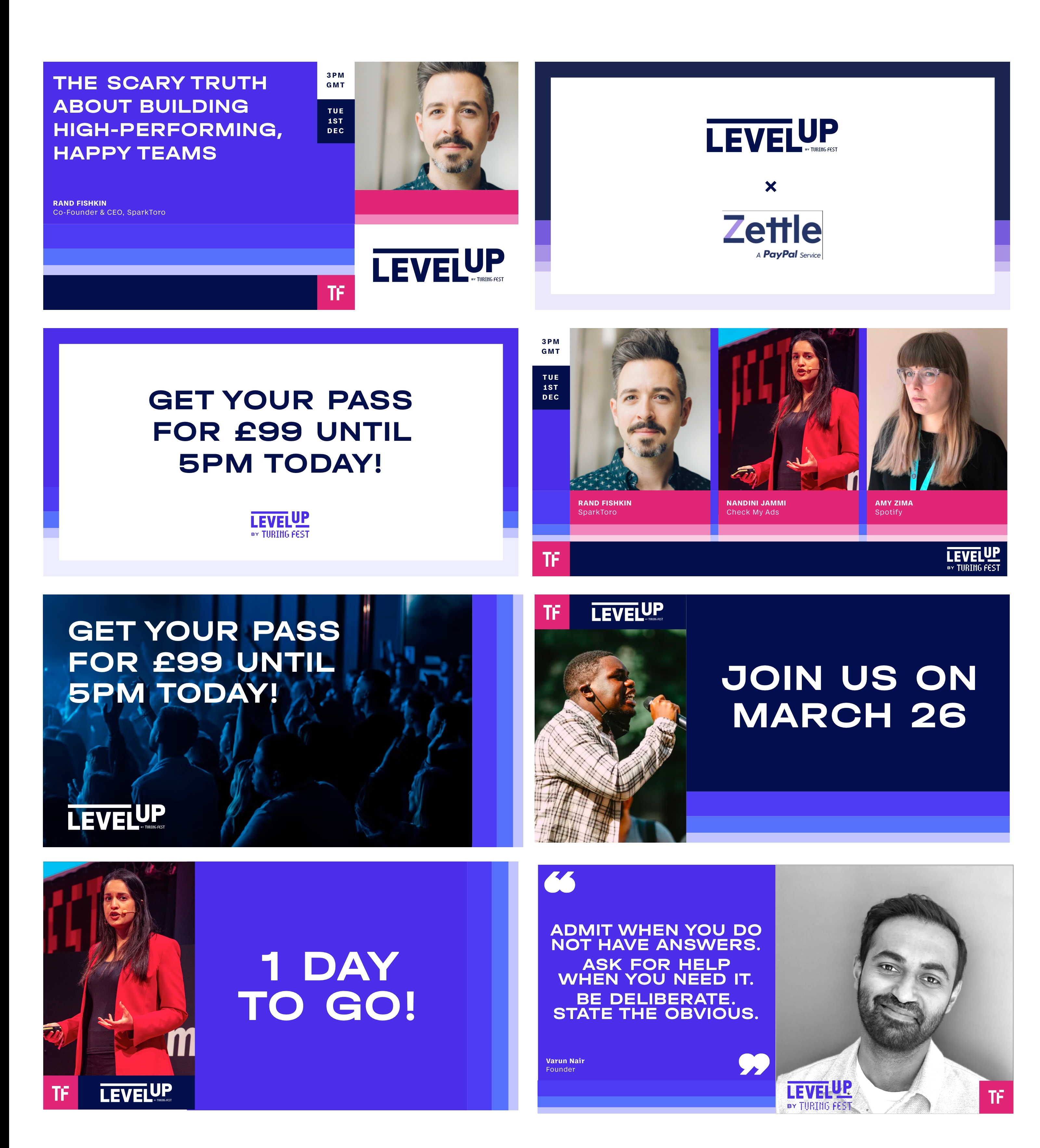 A grid of 8 examples of promotional images generated for social media, usually consisting of text and images overlaid on a background of stripes in shades of purple (stripes are either in vertical or horizontal orientation). Images includes examples of speaker quotations, shots of speakers on stage, and details of pricing / event dates.