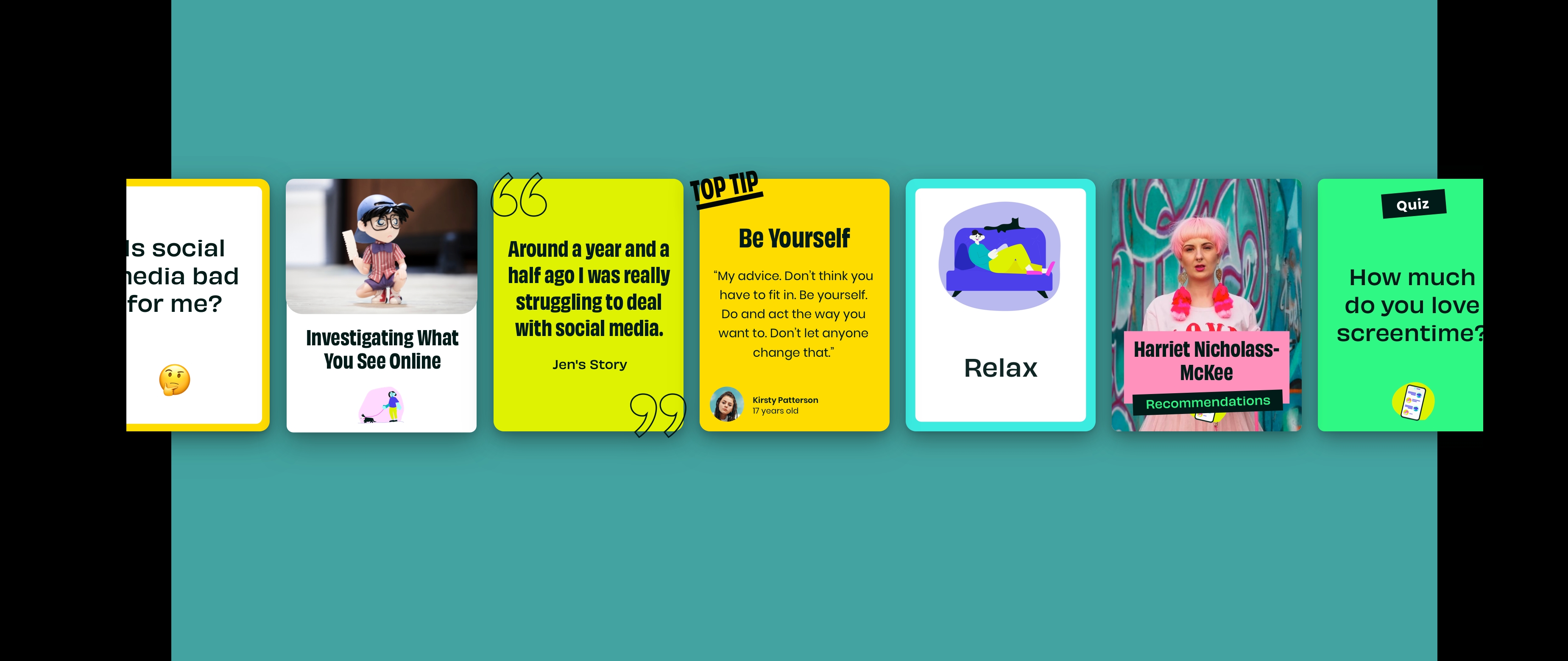 A carousel of seven different pages sit on a teal background