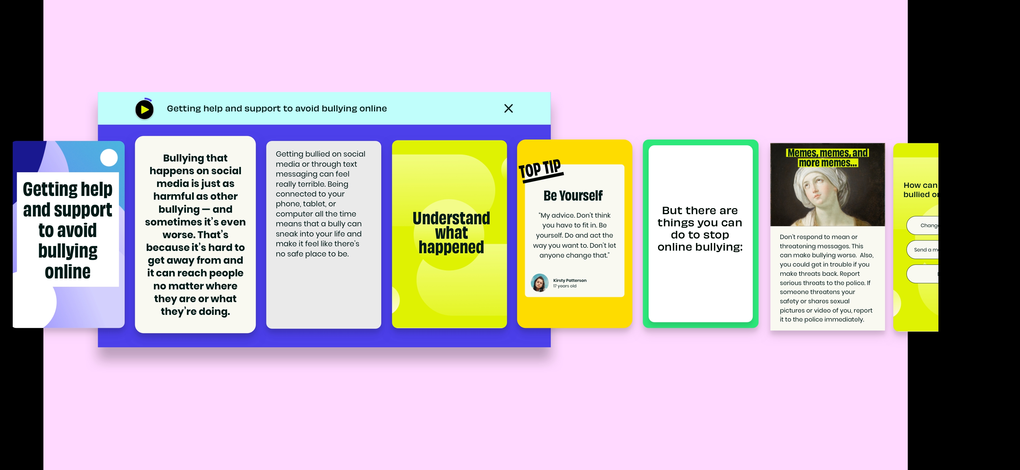 A carousel of different pages sit on a pink background