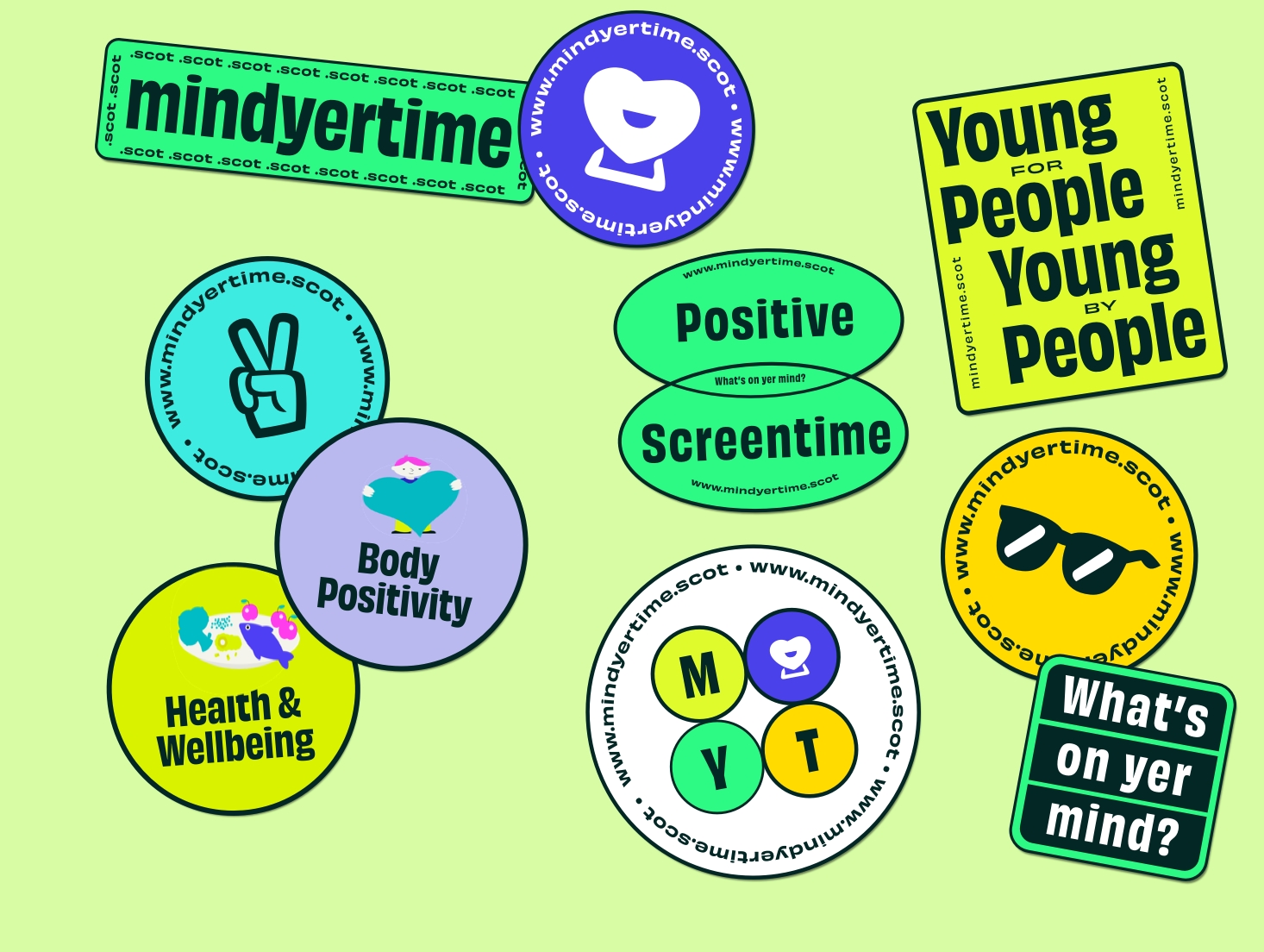 Various digital stickers sit on a neon yellow background