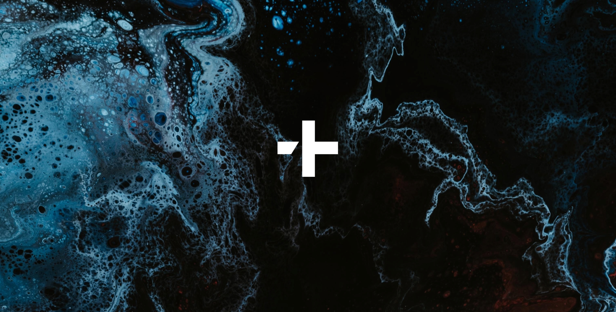A dark blue, blue, black oil patterned background with a stylised white plus sign on it