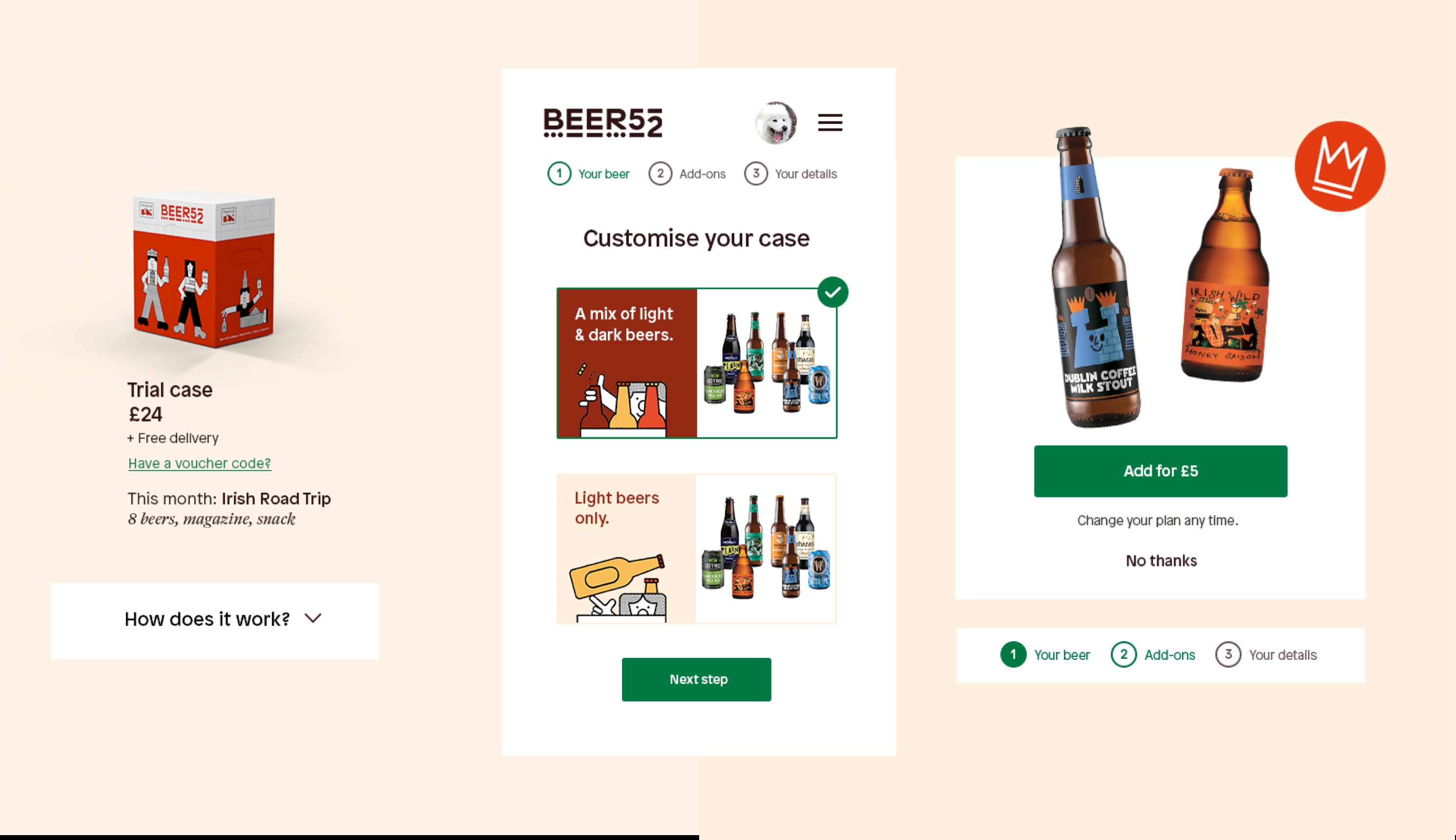 A montage of three mobile screens for Beer52. All screens feature bottles or boxes of beer and illustrative text.