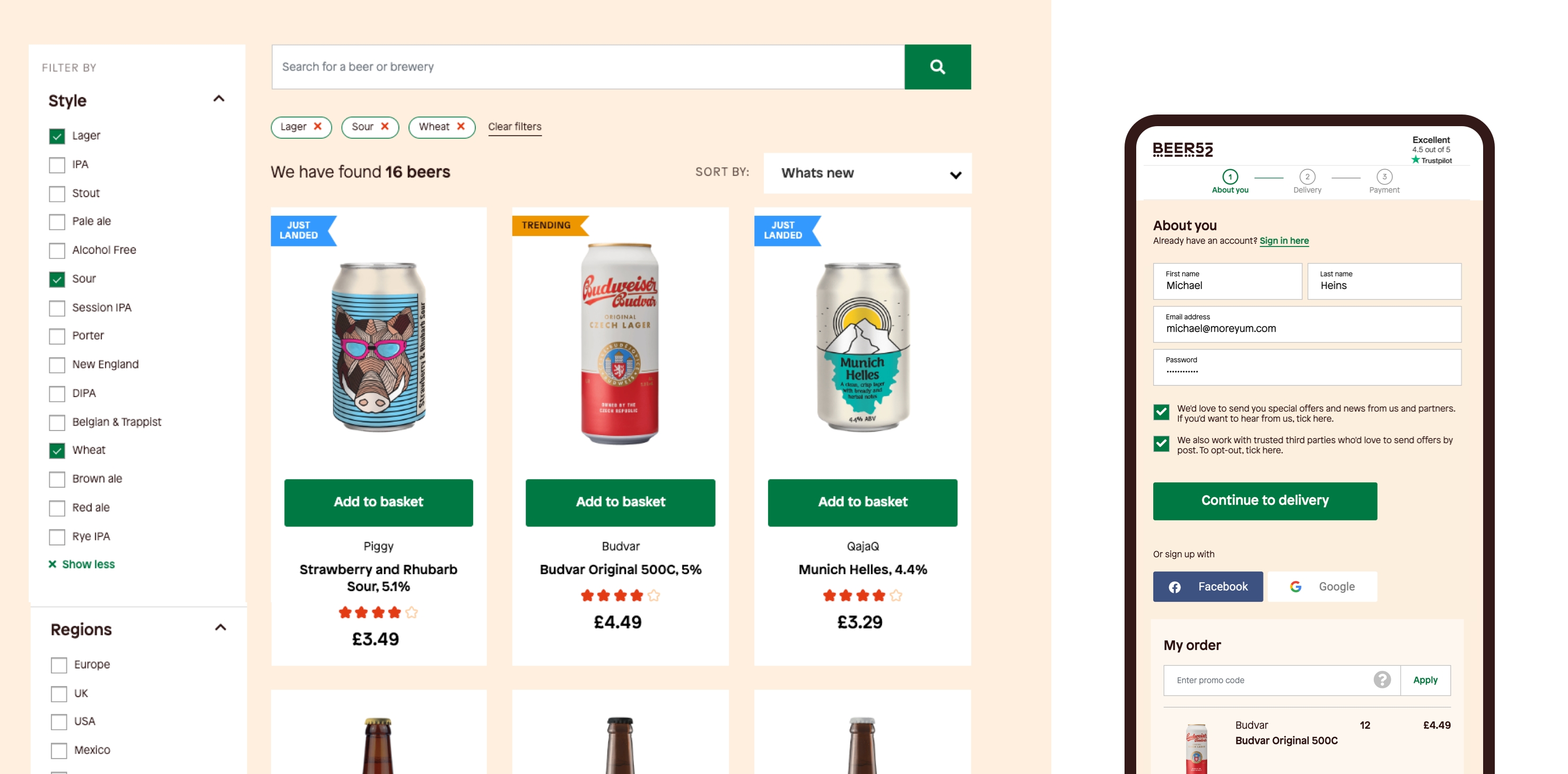 A snapshot of a landscape brochure page featuring beer sits next to a mobile phone showing a sign up page.