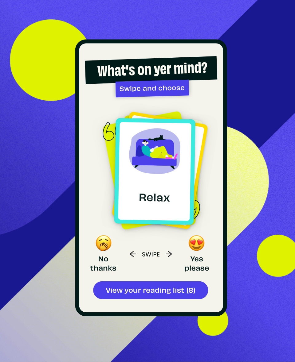 A mobile phone depicts a screenshot of the Mind yer Time page “What’s on yer mind?” on a blue and yellow abstract background
