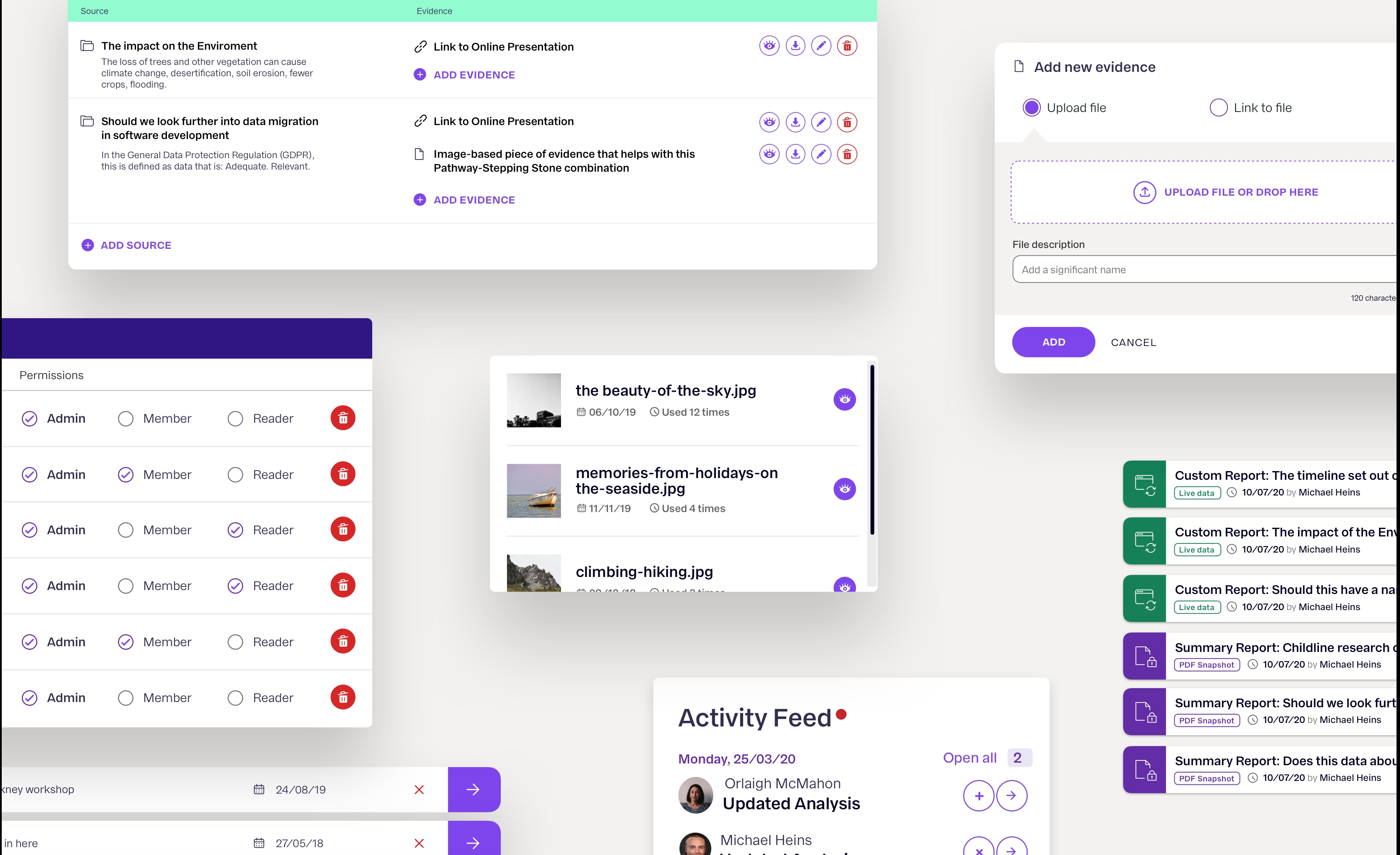 A montage of various screens and webpage element images. Each page has a mix of descriptive texts and icons.