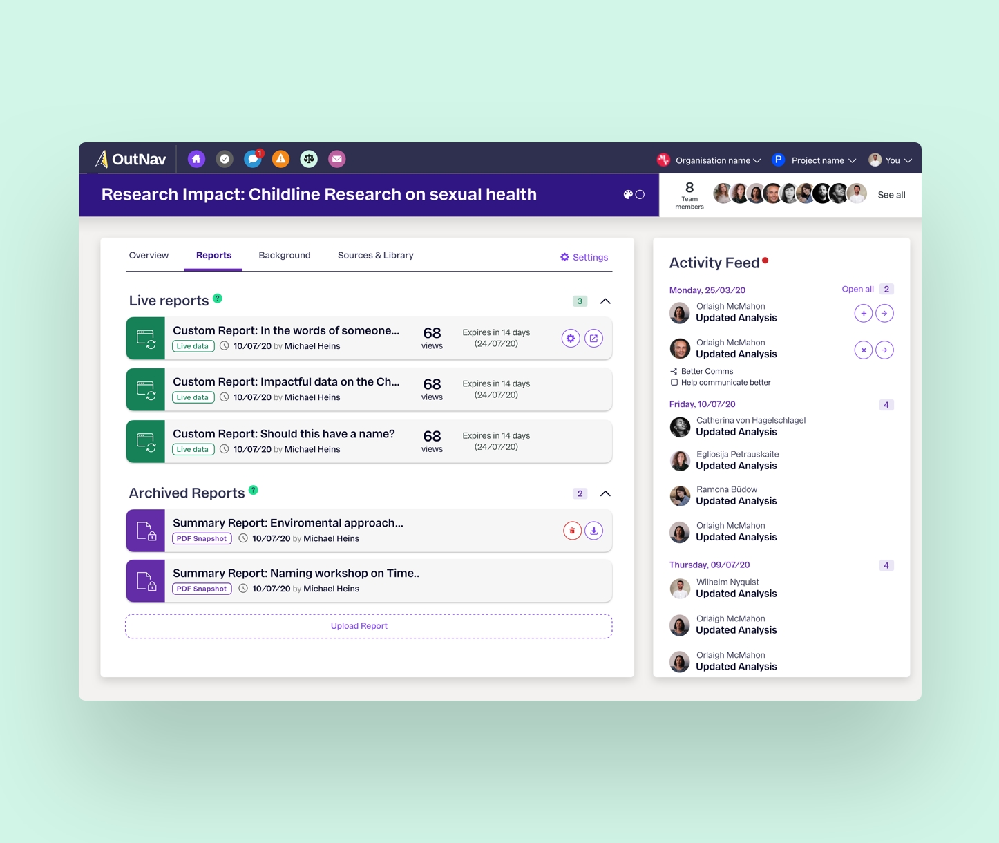 A purple background with a webpage with a white title ”Research Impact: Childline Research on sexual health” in the top of the page. There are small circular avatars for collaborators. There are five dashboard items under the title and pathway titles sit under that with illustrative text. An “Activity feed” site to the left of this.