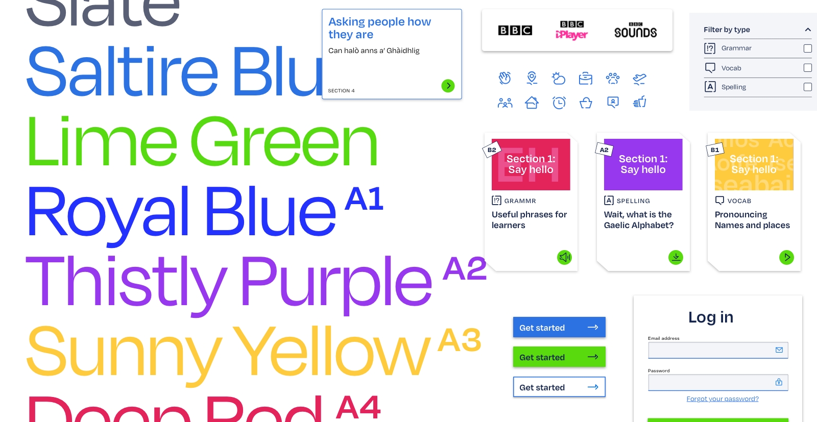 A montage of SpeakGaelic branding elements which include website elements and the colours used in the brand guidelines and how they work with BBC brands logos, which are also featured.