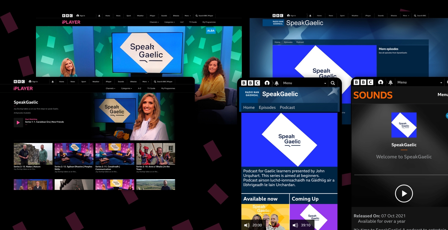 A montage of BBC iPlayer and BBC Sounds screens for SpeakGaelic on a variety of devices