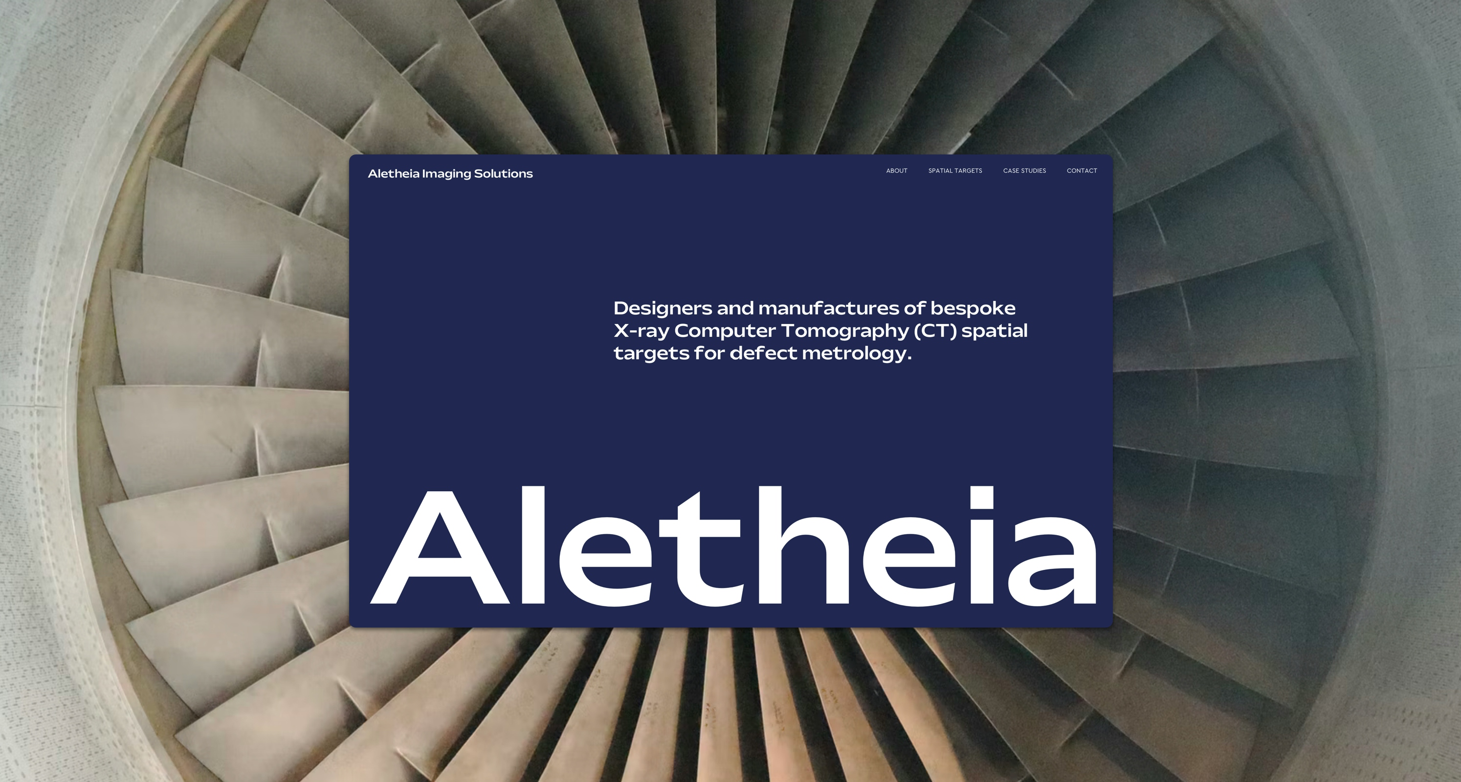 An image of a fan with ‘Alethia’ written on a blue background with “Designers and manufacturers of bespoke X-ray Computer Tomography (CT) spatial targets for defect metrology ”