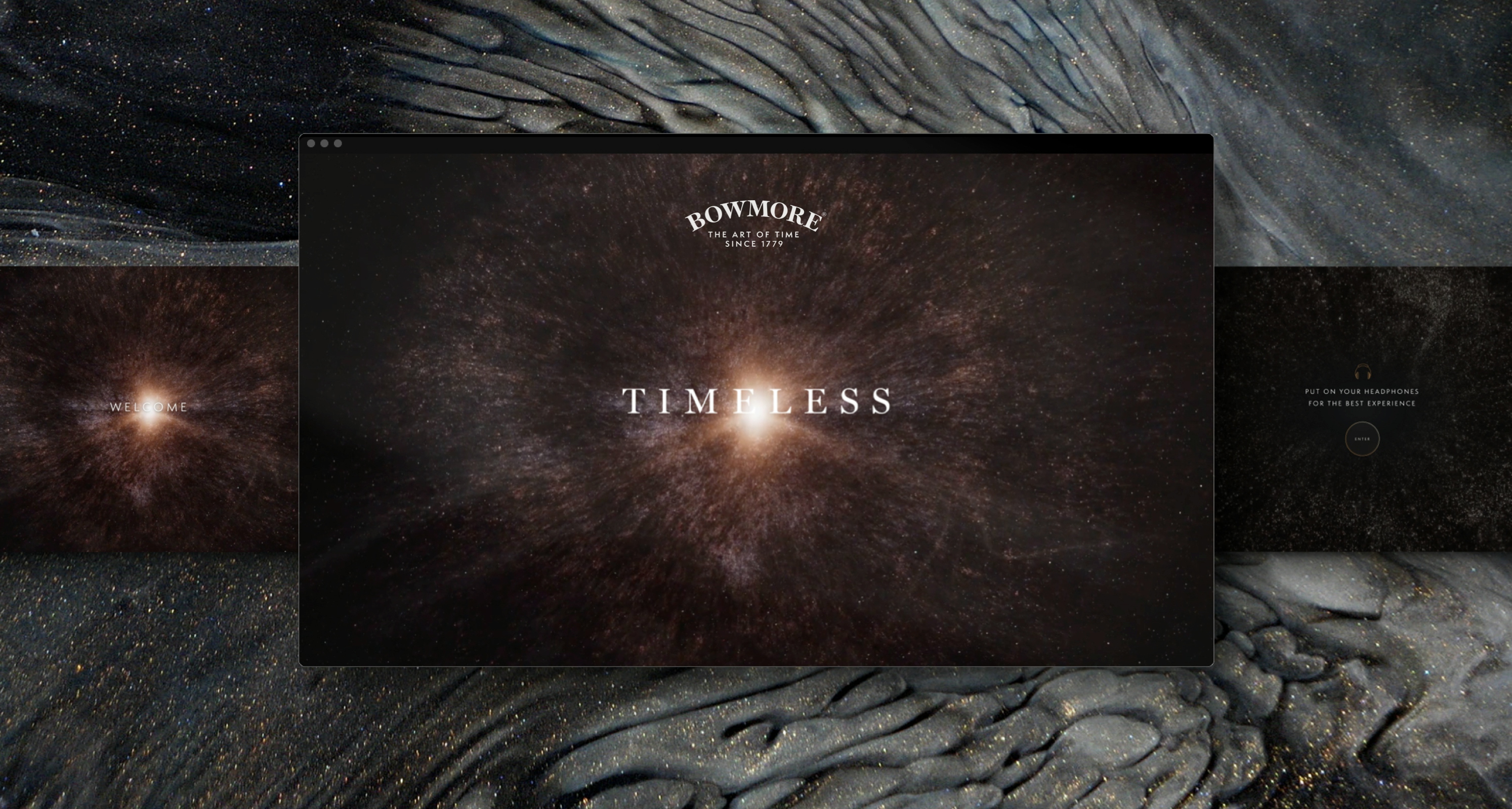 A desktop view of Bowmore Timeless on a space background