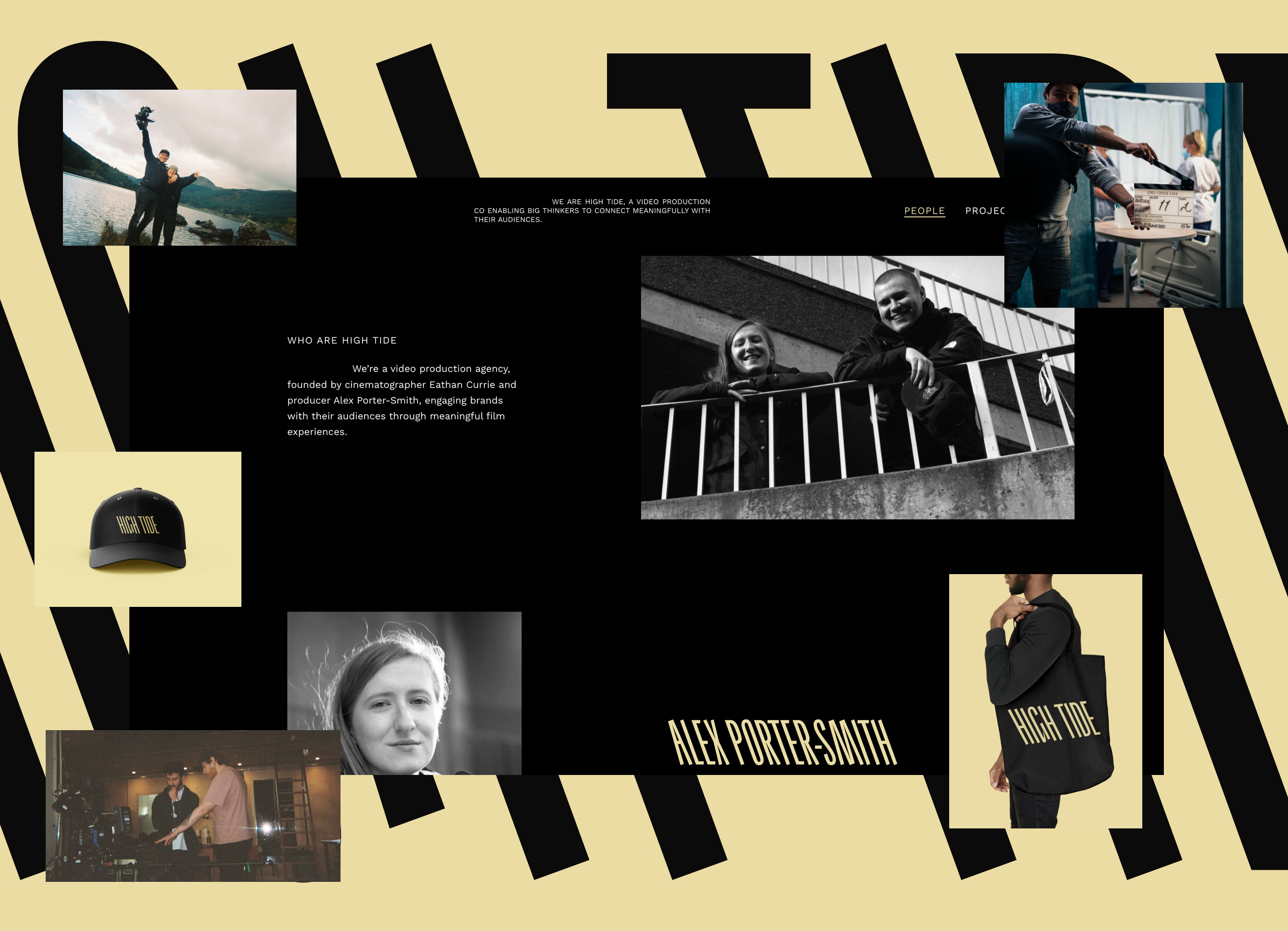 A montage of smaller photos of location and brand images overlay a webpage featuring an image is a black and white photo of two people leaning over railings looking down to the camera. This overlays a mustard image with black letters on it.