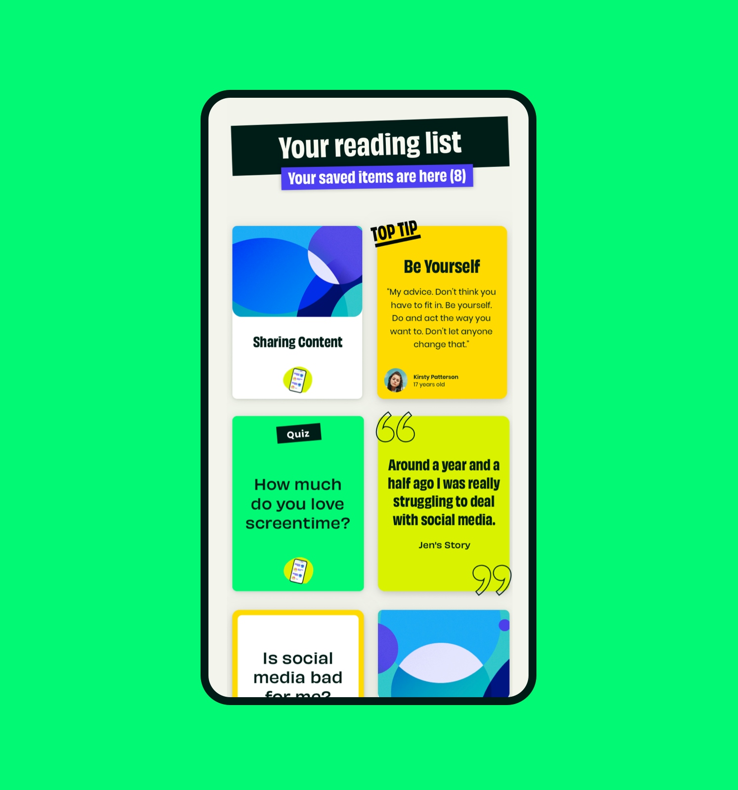 A mobile phone on a bright green background depicts a screenshot of the Mind yer Time page “Your reading list”