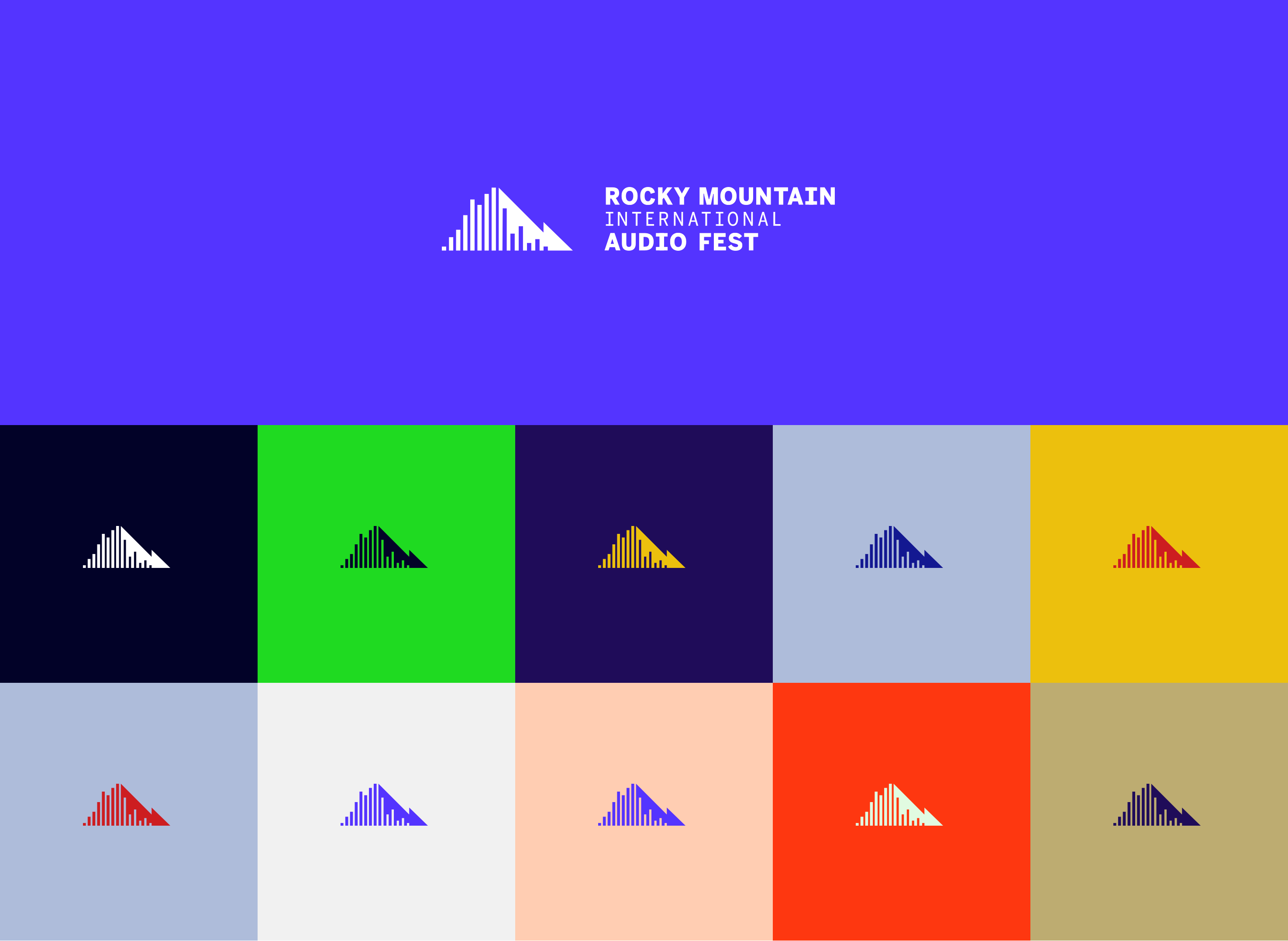 "Rocky Mountain International Audio Fest" and the icon on a blueblackgorund in the top half of image. The bottom half is split up into ten blocks, each block is a different colour and houses the festival's icon in a contrasting colour