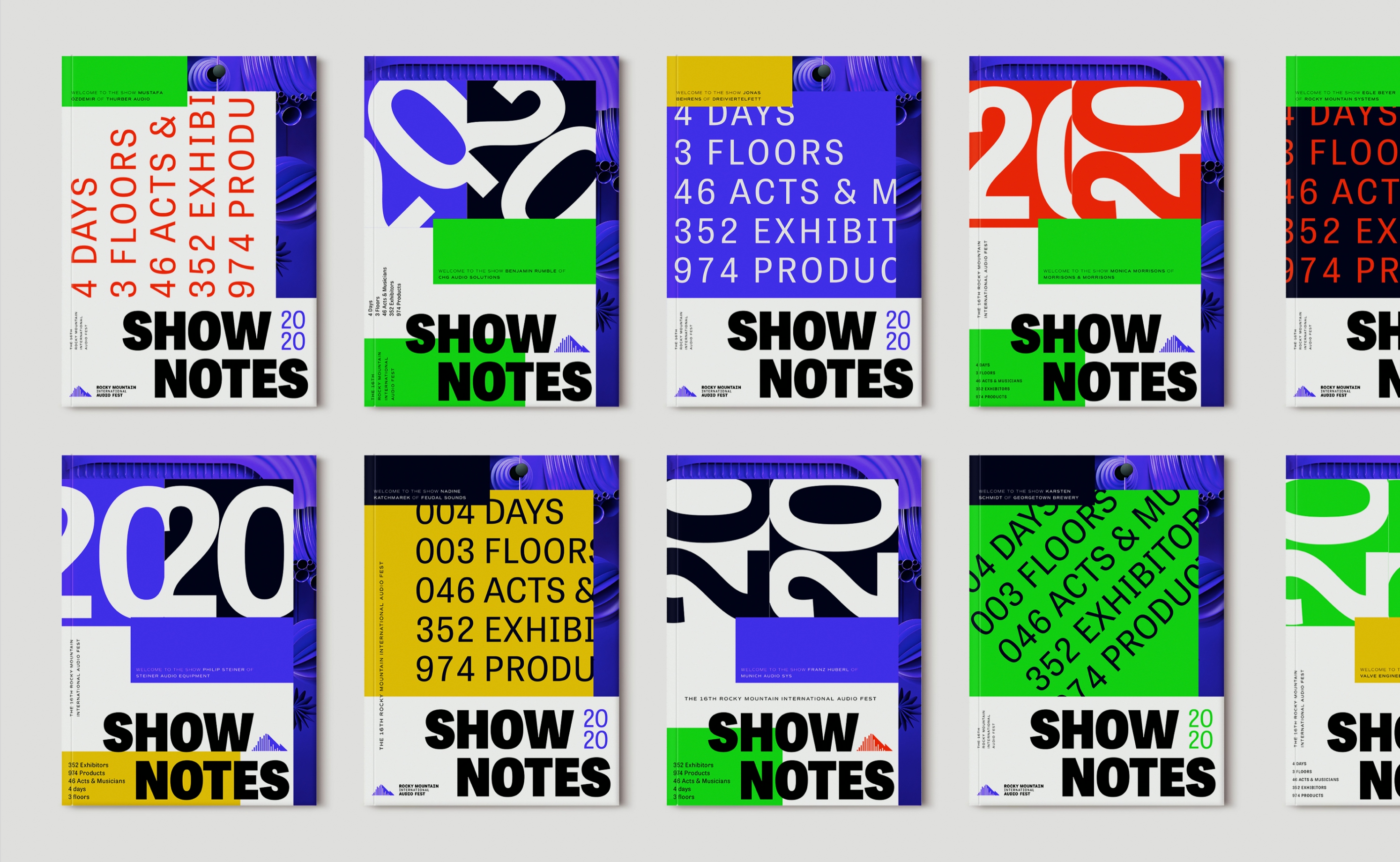 10 different shownotes covers. Some say 2020 shownotes and some say The festival is staged over three floors, across four days, has 46 musicians, 352 exhibitors and showcases 974 products