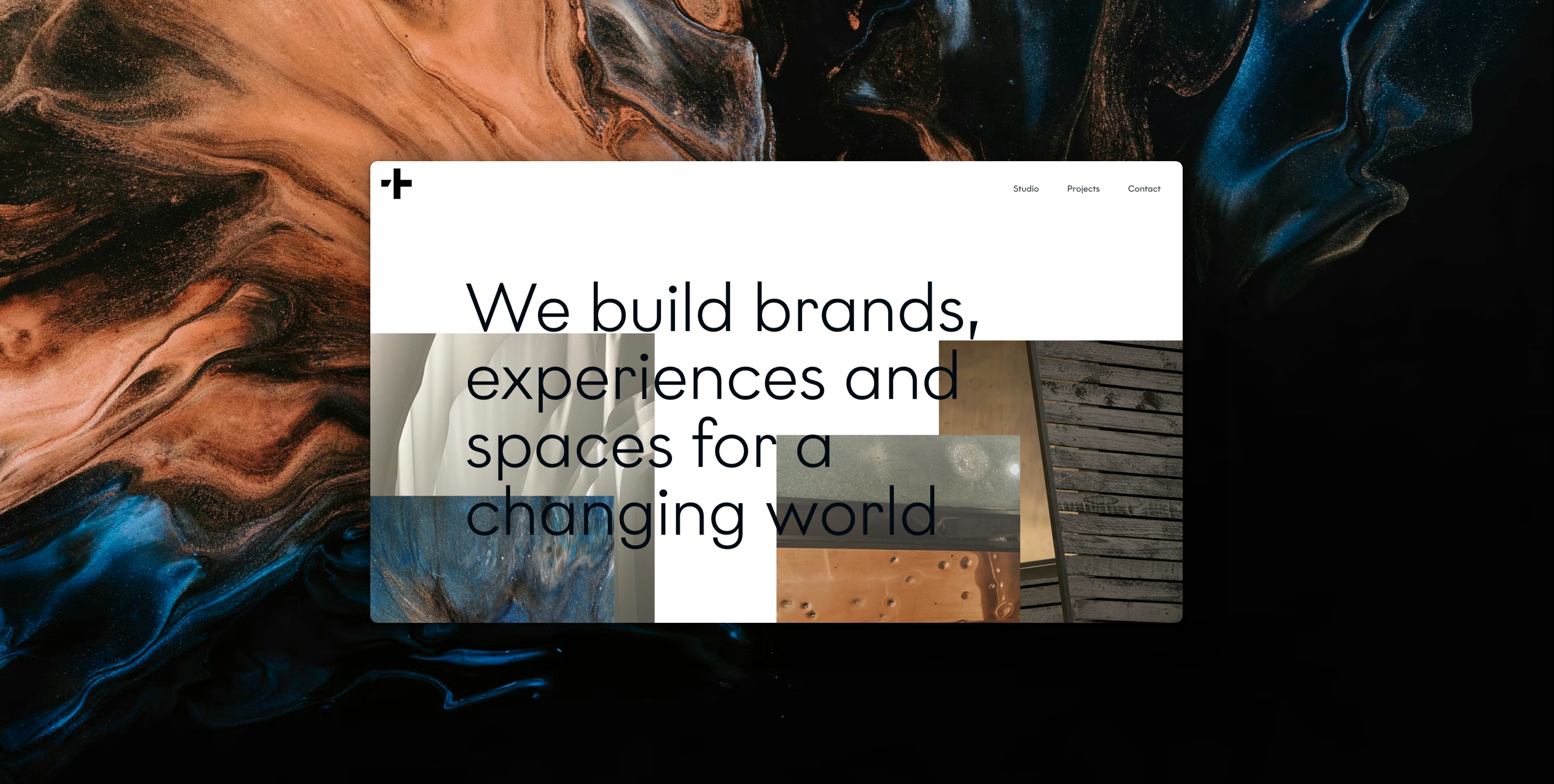 A landscape screenshot of a page stating ”We build brands, experiences and spaces for a changing world”. The screenshot sits on a liquid background of bronzes and blues