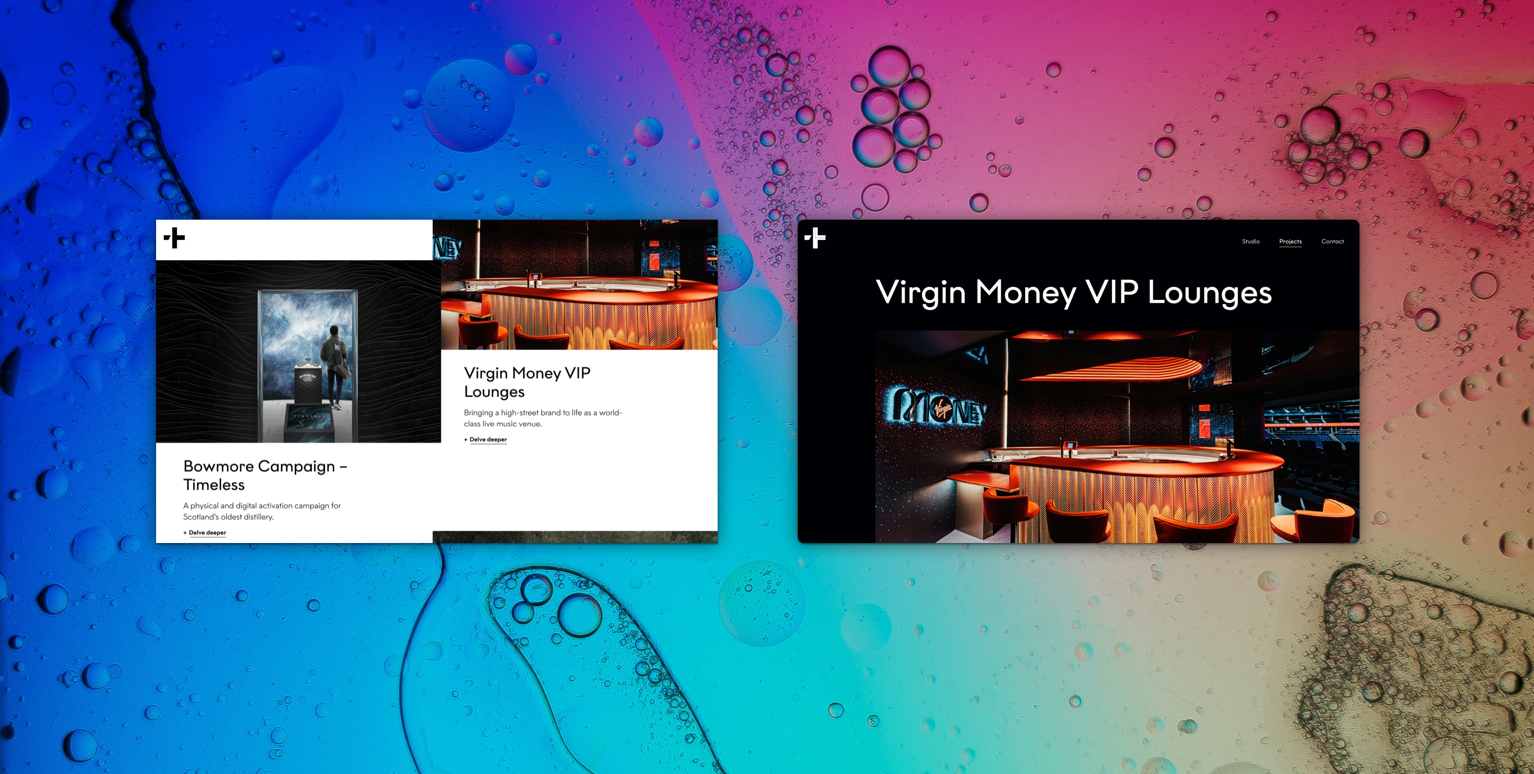 Two landscape web pages sit on a blue and pink liquid background. The first page has an image for “Bowmore Campaign - Timeless” and features a dark image of an image of a door. Inside the door is a man looking to a sky background. This overlays a second image of a bar for “Virgin Money VIP Lounges”. Second page is an image of a bar for “Virgin Money VIP Lounges”.