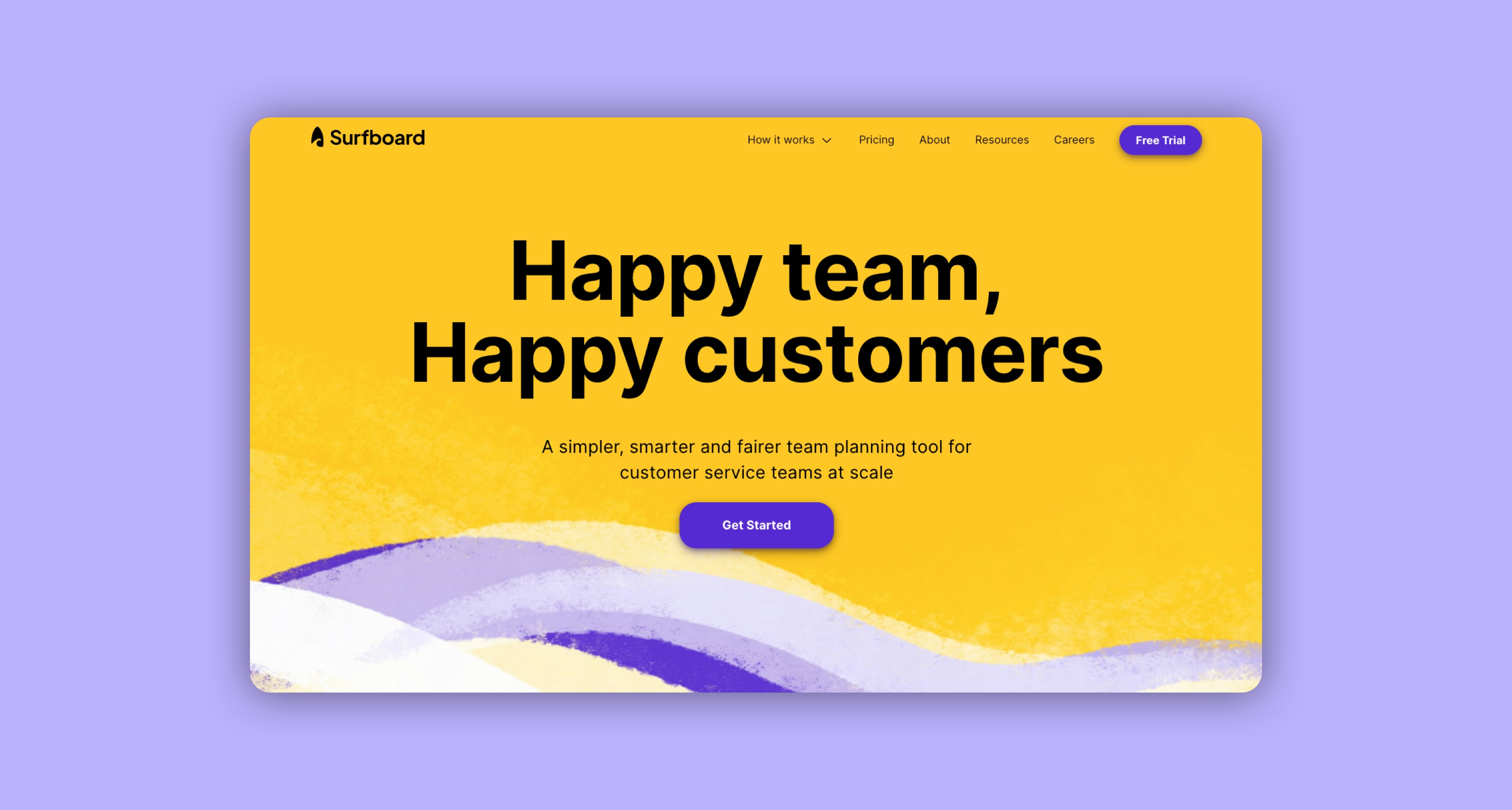 A digital screenshot of a yellow screen with purple and yellow waves with the text “Happy team, Happy customers” and the tagline “A simpler, smarter and fairer team planning tool for customer service teams at scale”. A call-to-action button invites you to “Get started”