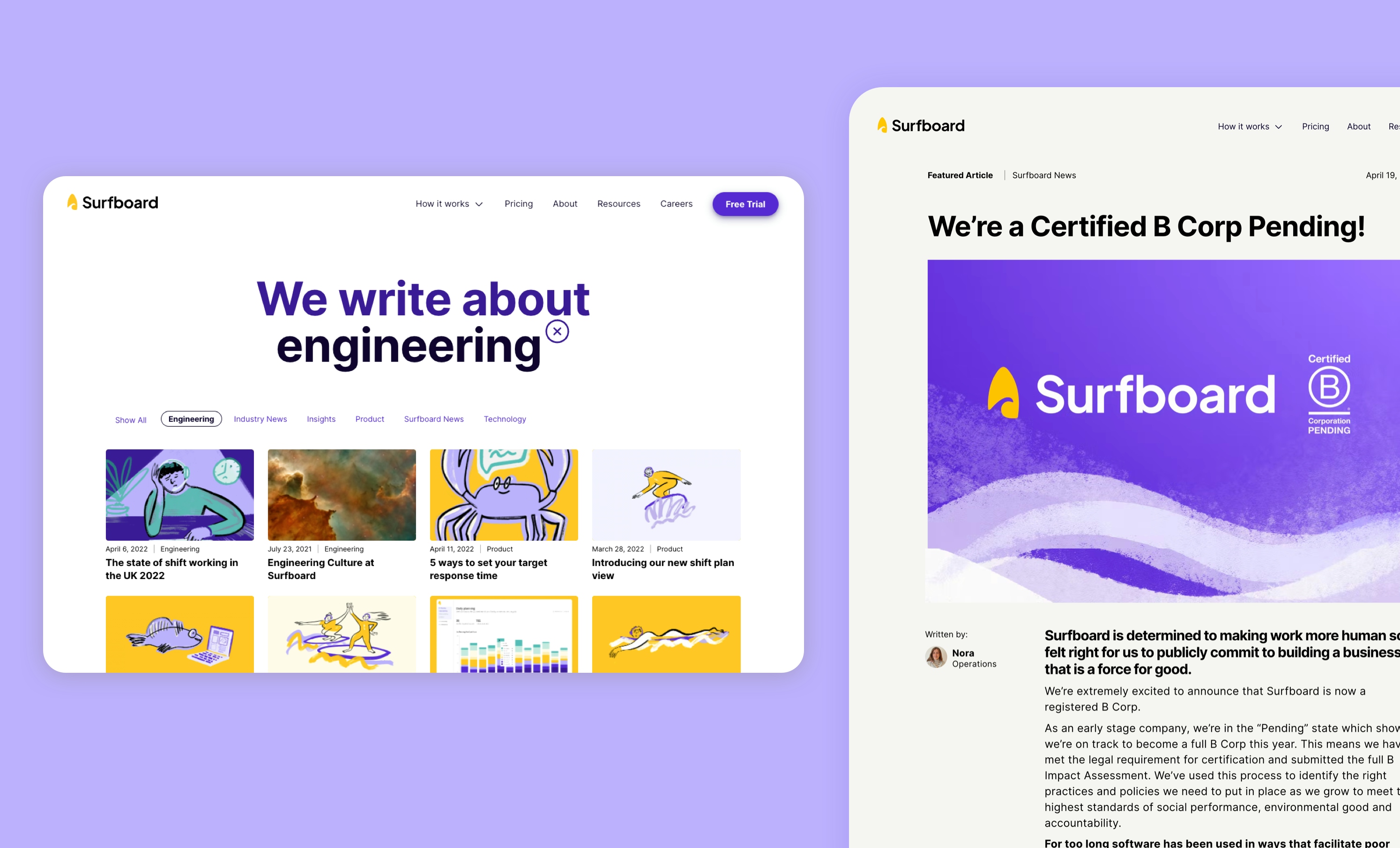 A digital screenshot of a webpagestating “We write about engineering” and links to articles. This is on a lilac background. A second portrait screenshot is of an article about “We’re Certified B Corp Pending!”