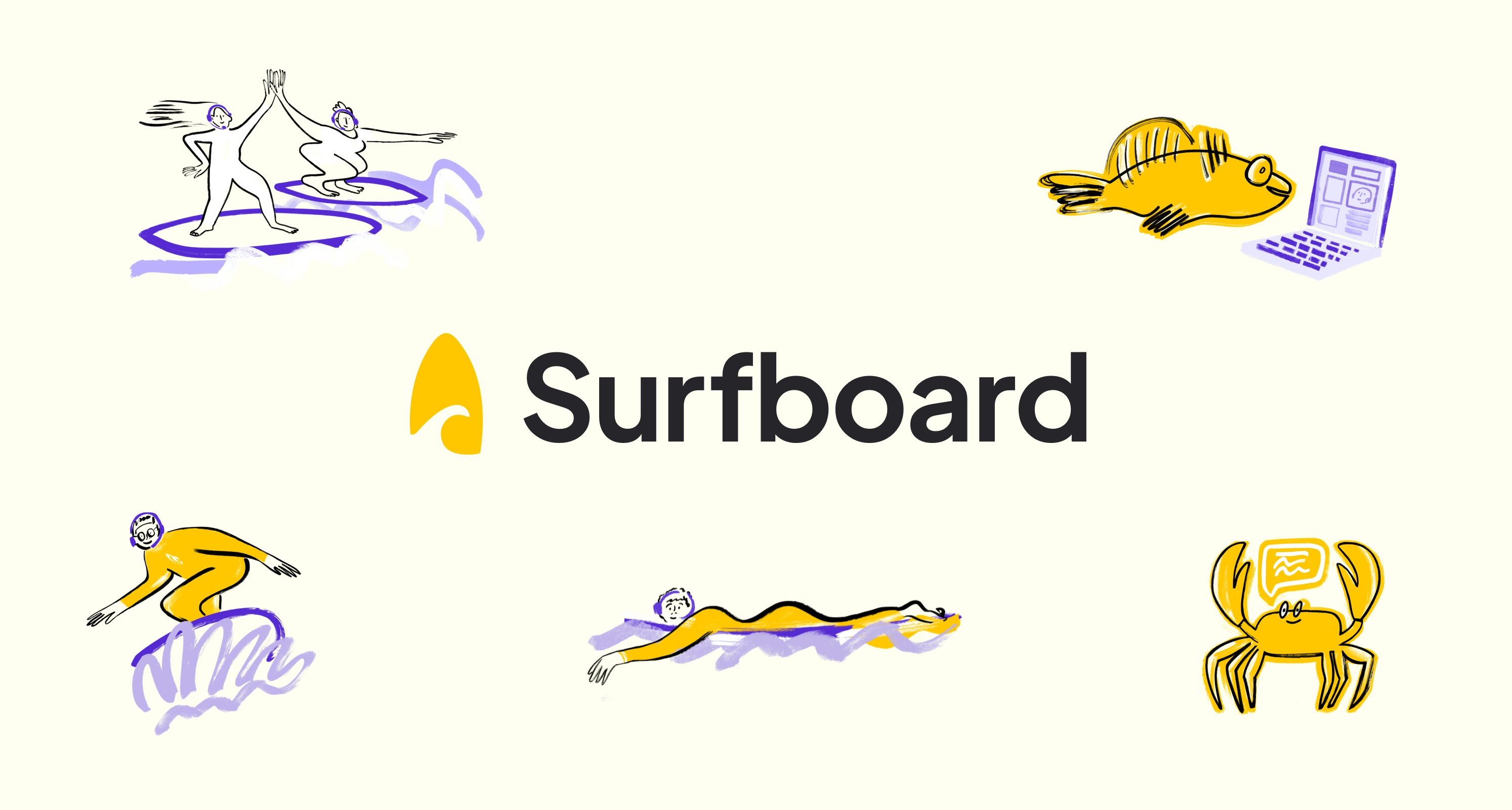 Sufboard’s logo - A yellow surfboard with a wave on it and “Surfboard” surrounded by icons for two surfers high-fiving, a fish looking at a laptop, a crab with a speech bubble, a surfer lying on a board and a lone surfer sit on a lemon background