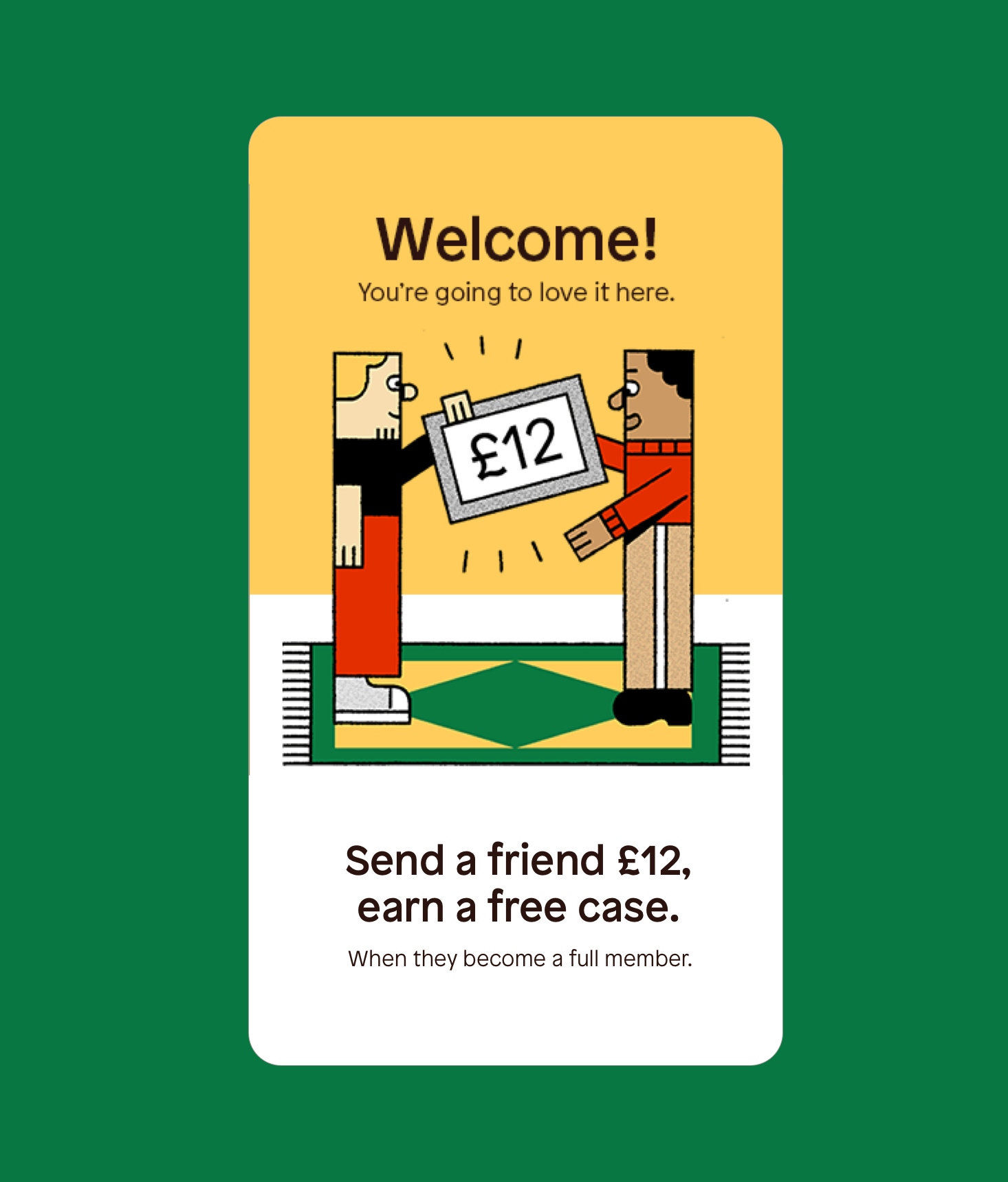 A mobile phone style screen depicts the Beer52 “Welcome” page on a racing green background