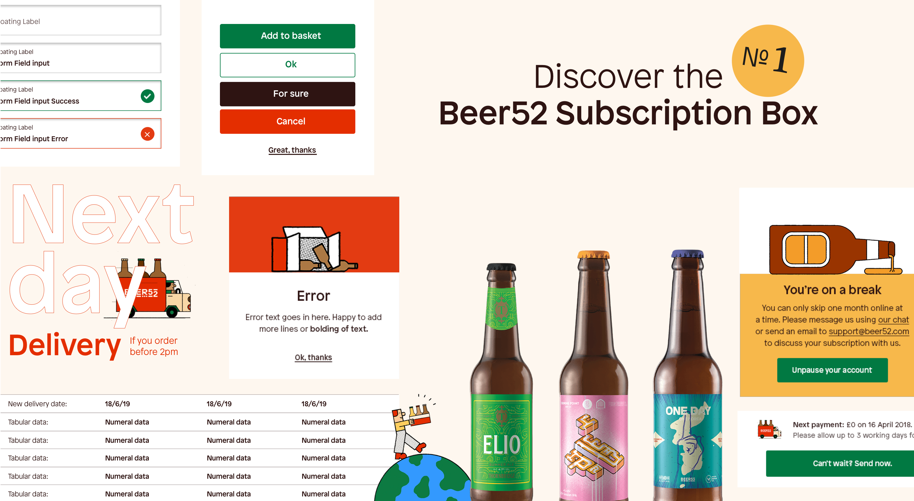 A montage of various screens for Beer52, illustrations and three beer bottles with the text “Discover the No 1 Beer52 Subscription Box”