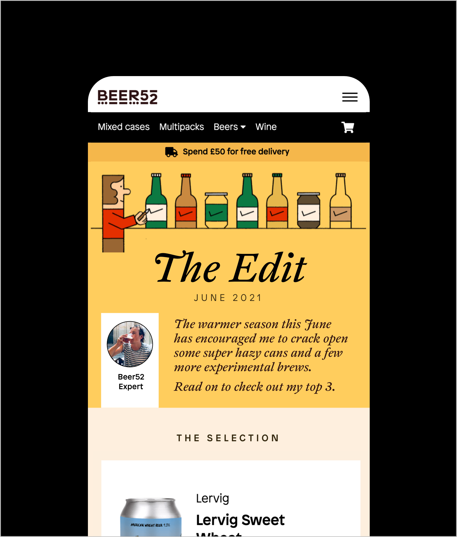A mobile phone style screen depicts the Beer52 “The Edit” page on a black background