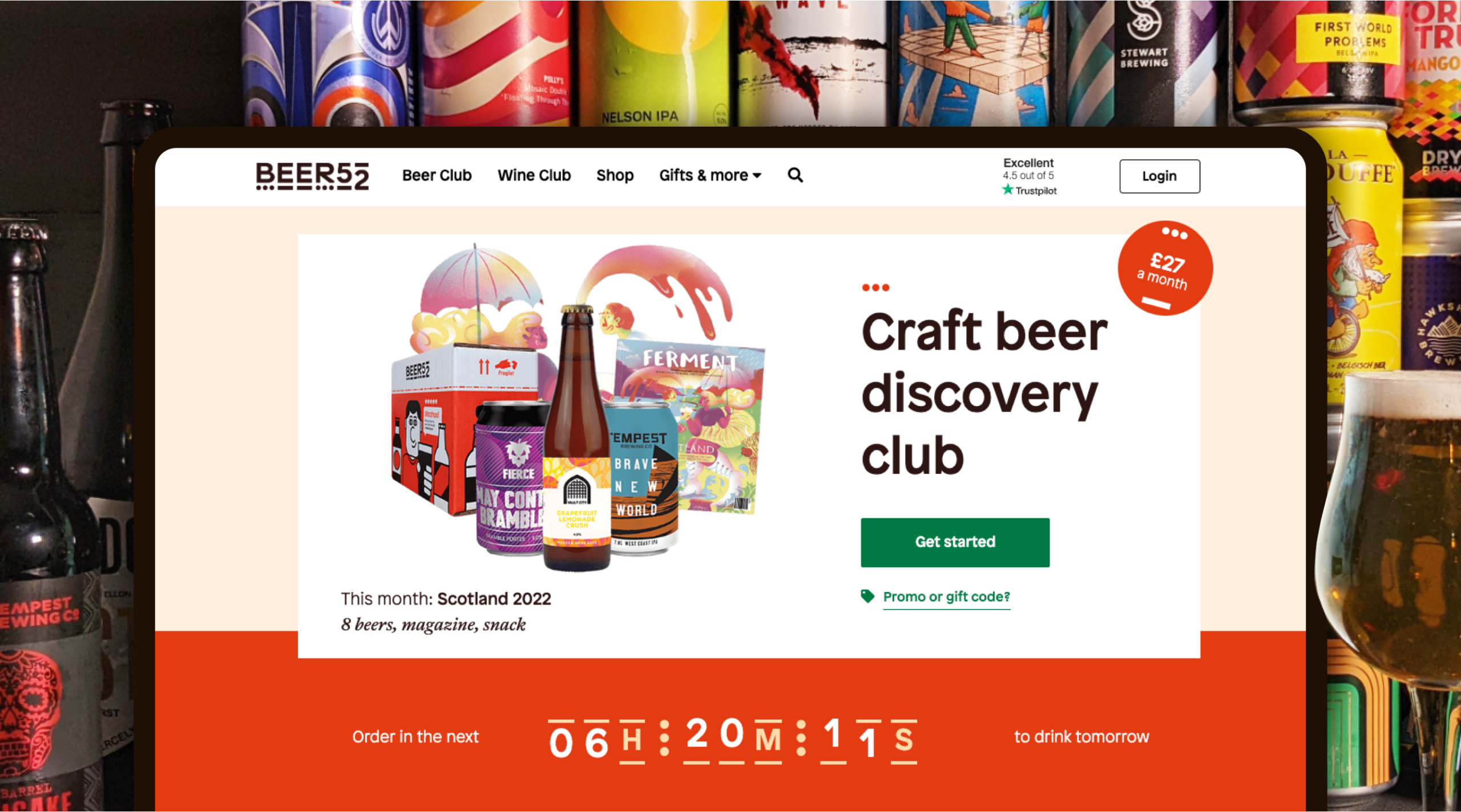 A landscape screen depicts a screenshot of the Beer52 “Craft beer discovery club ” page.