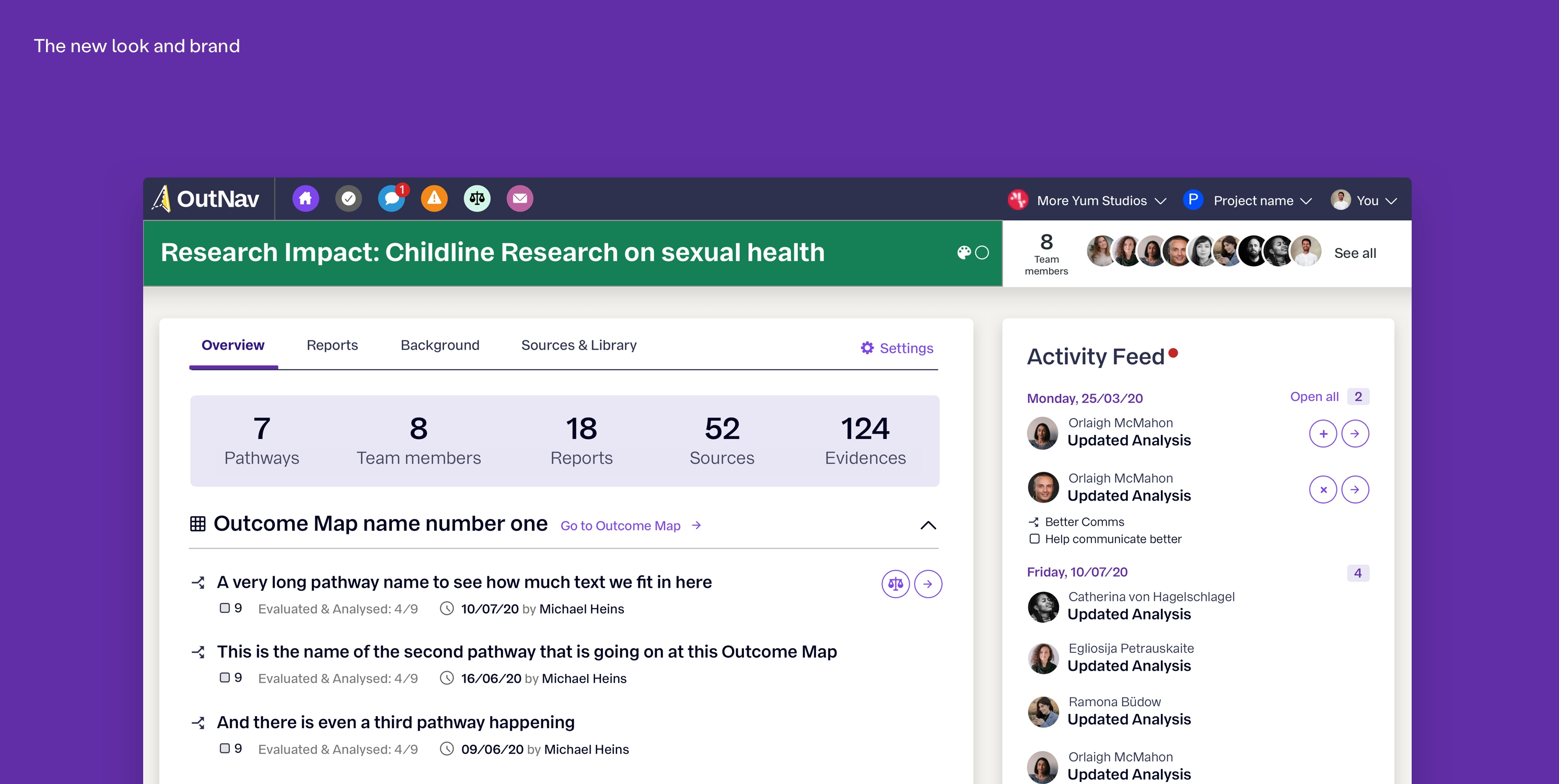 A purple background with a webpage with a white title ”Research Impact: Childline Research on sexual health” in the top of the page. There are small circular avatars for collaborators. There are five dashboard items under the title and pathway titles sit under that with illustrative text. An “Activity feed” site to the left of this.