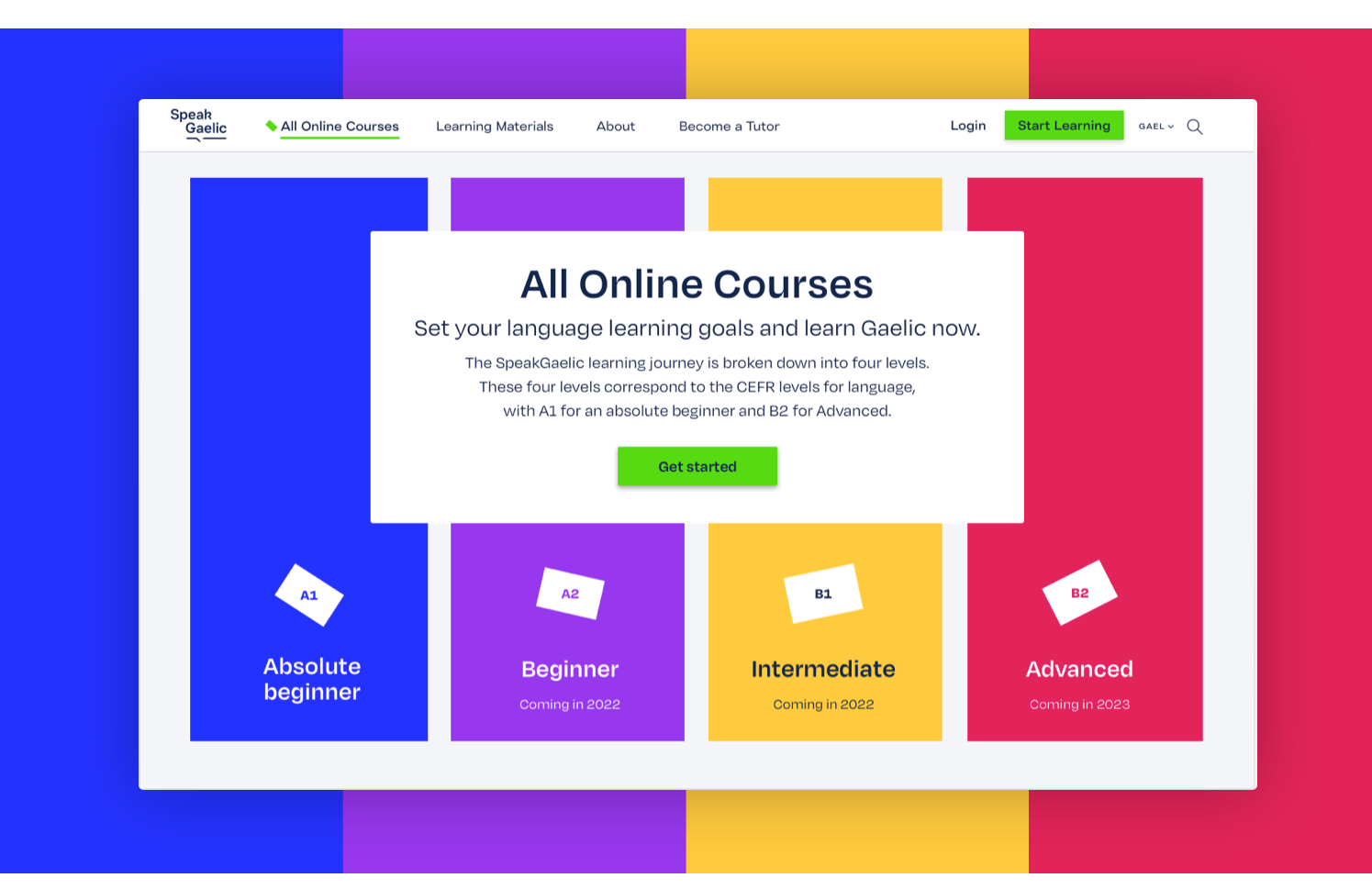 A landing page is shown giving the user access to “All Online Courses” of SpeakGaelic. It encourages users to “Set your learning goals and learn Gaelic now”.
