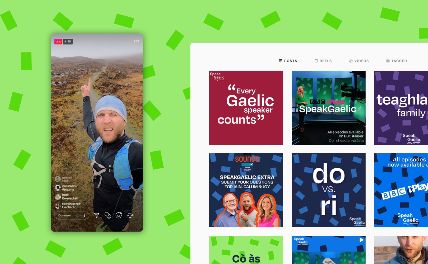 A green background patterned with darker green confetti is overlaid with a mobile screenshot of Calum MacLean on SpeakGaelic instagram live. To the right of this screen is a second screenshot of the SpeakGaelic instagram grid.